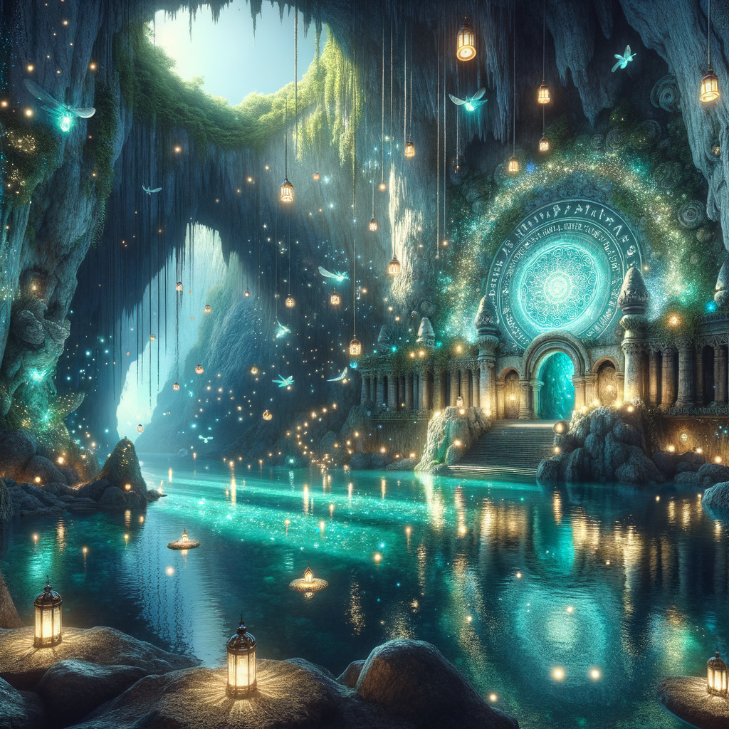 Mystical Cave Scene with Glowing Lanterns and Water