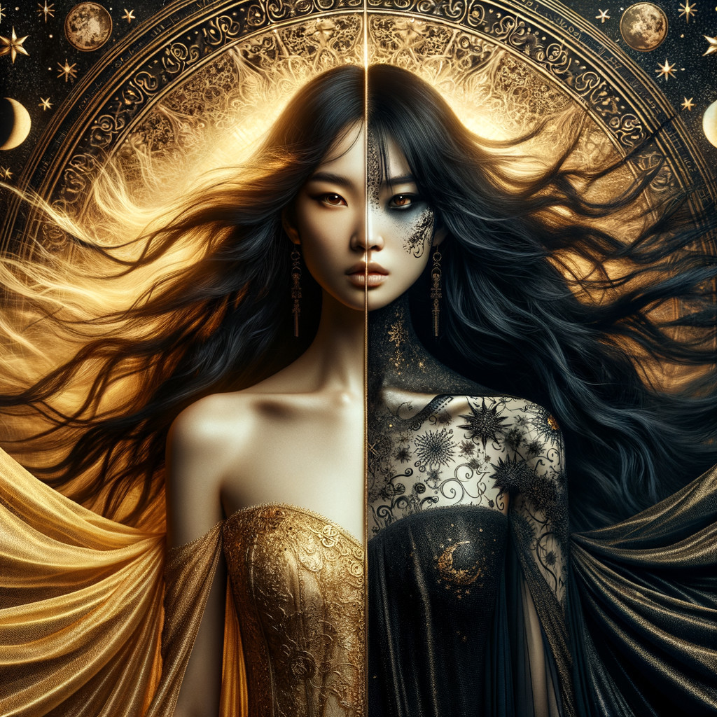Contrasting Figure of Light and Darkness with Celestial Motifs