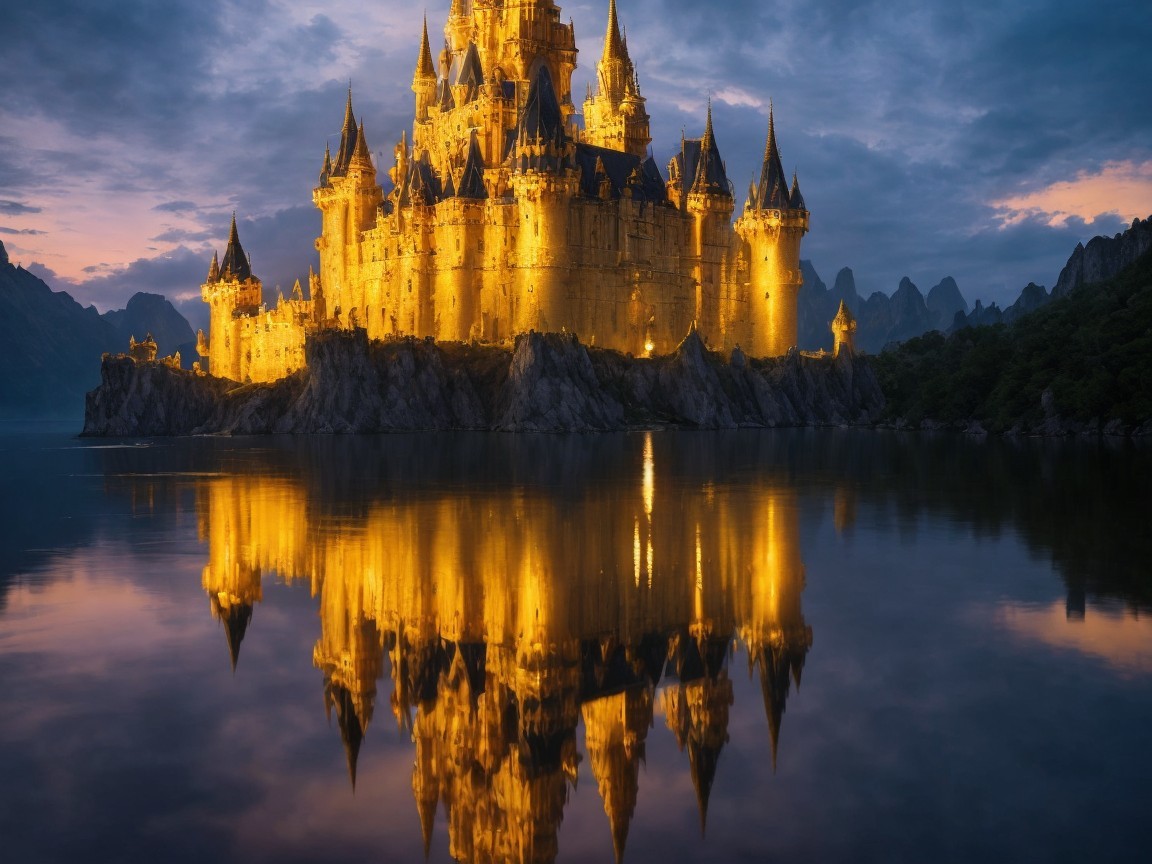 Majestic Castle on Rocky Island at Dusk