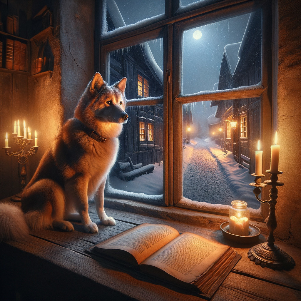 Husky by Frosty Window in Cozy Winter Room