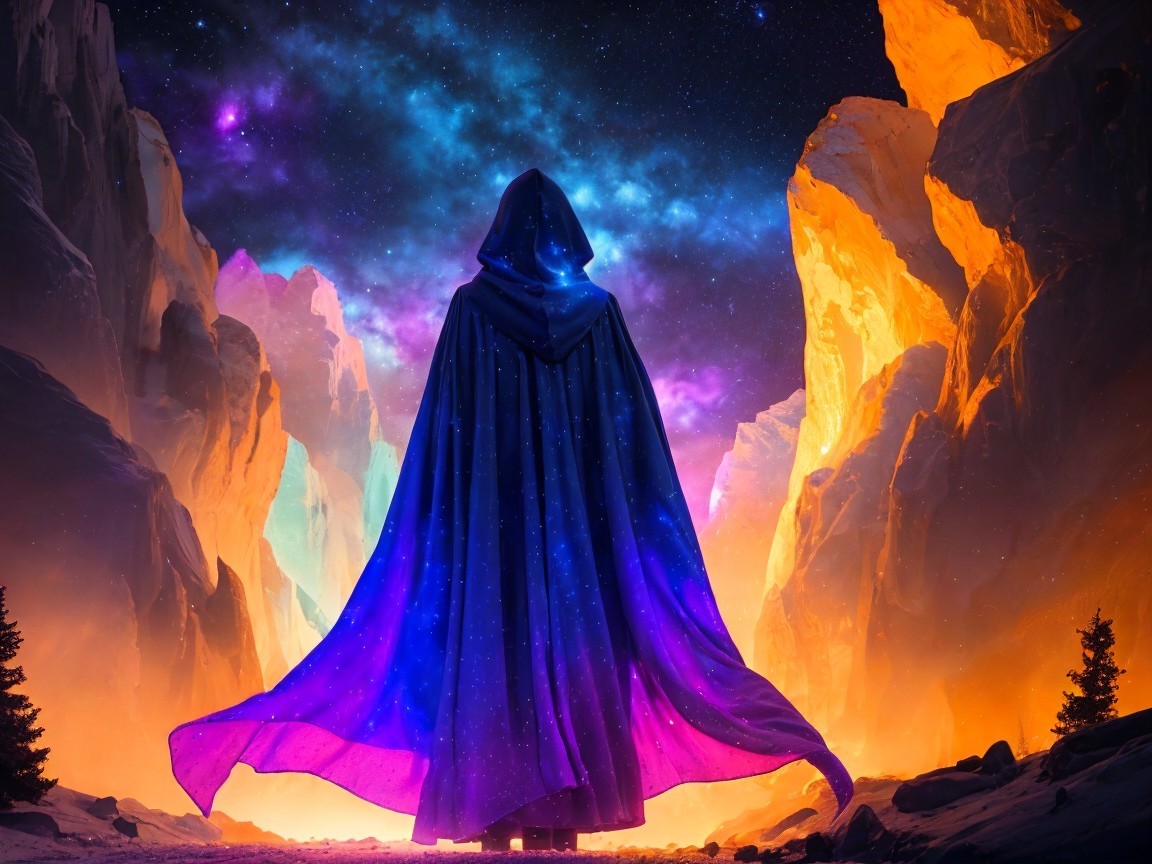 Cloaked Figure in Vibrant Otherworldly Landscape