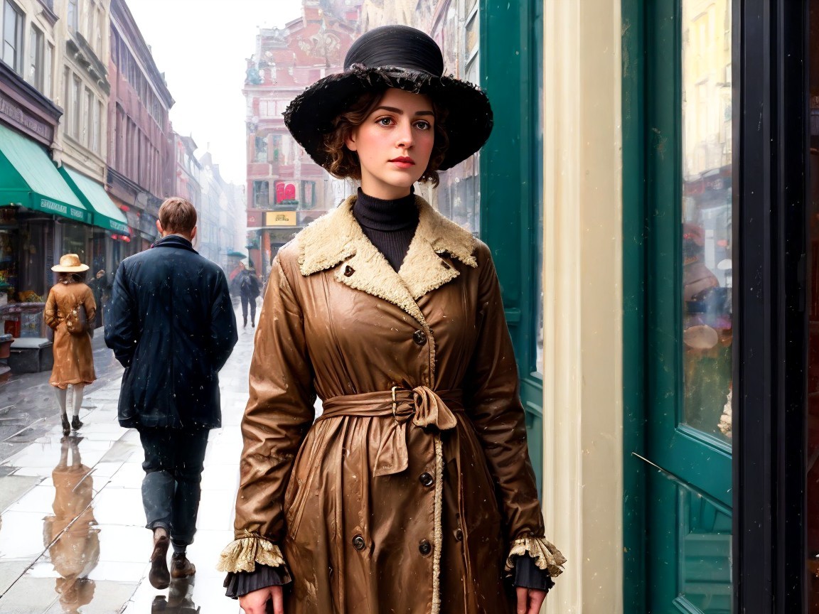 Stylish Woman in Brown Leather Coat on Rainy Street