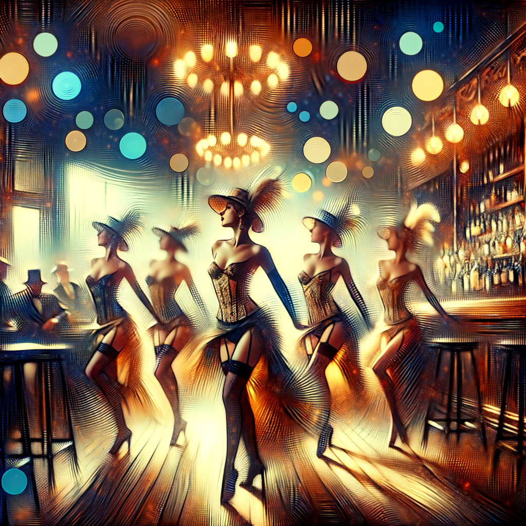 Lively cabaret scene with dancers in glamorous attire