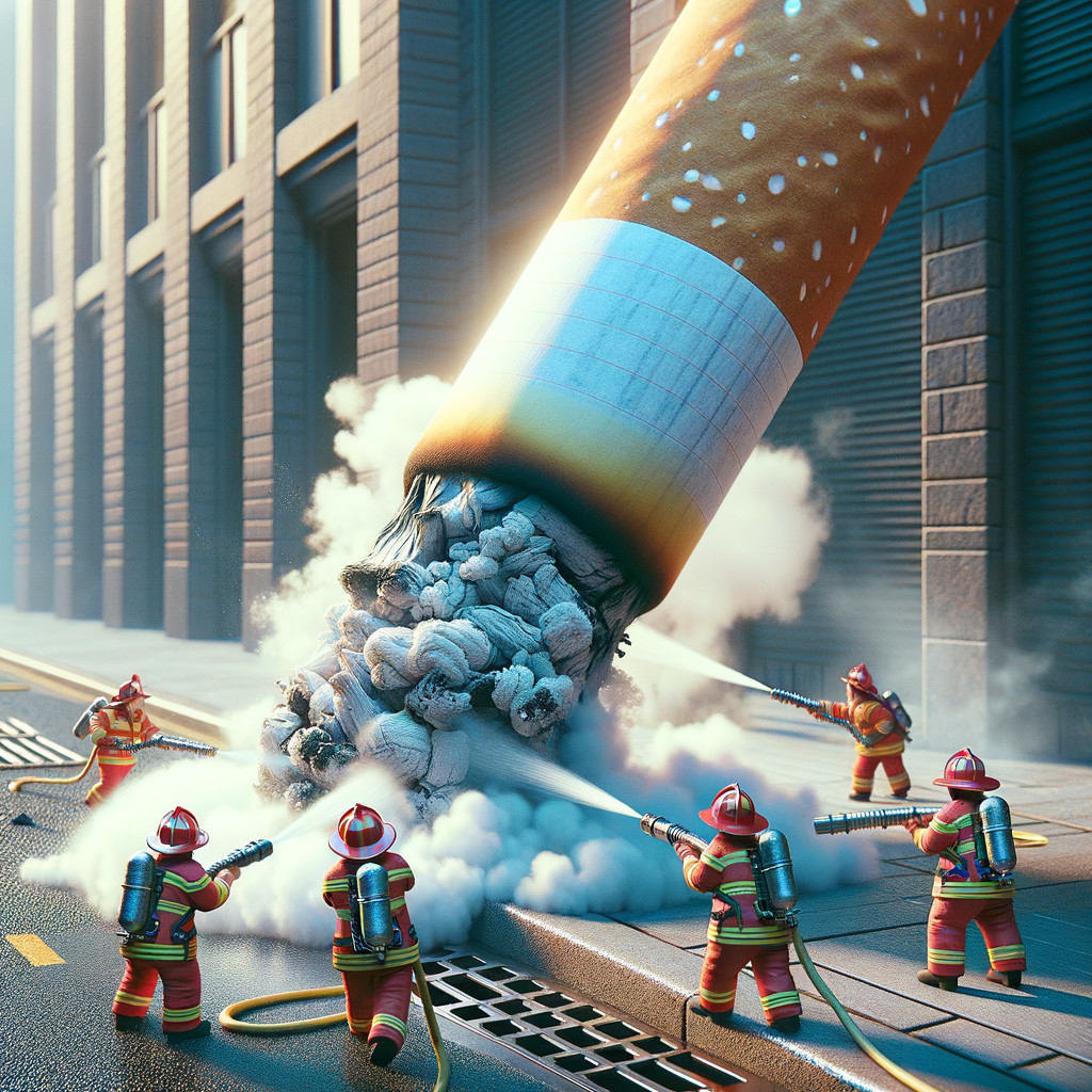 Giant Cigarette Surrounded by Tiny Firefighters in Smoke