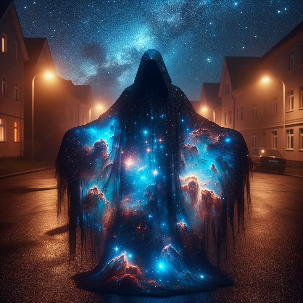 Mysterious Cloaked Figure in Cosmic Night Scene