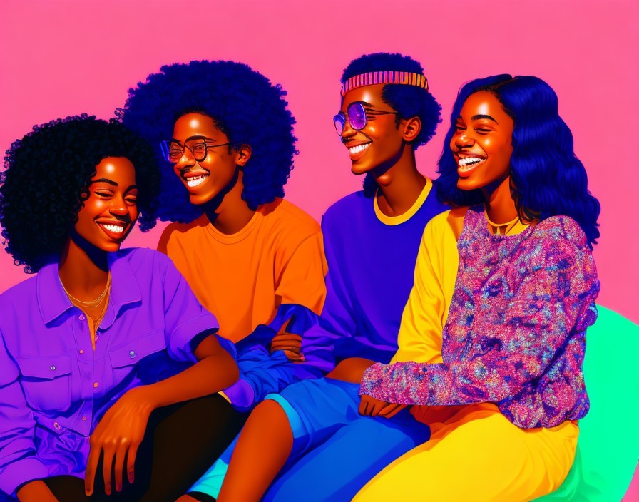 Four friends in vibrant attire laughing against pink backdrop