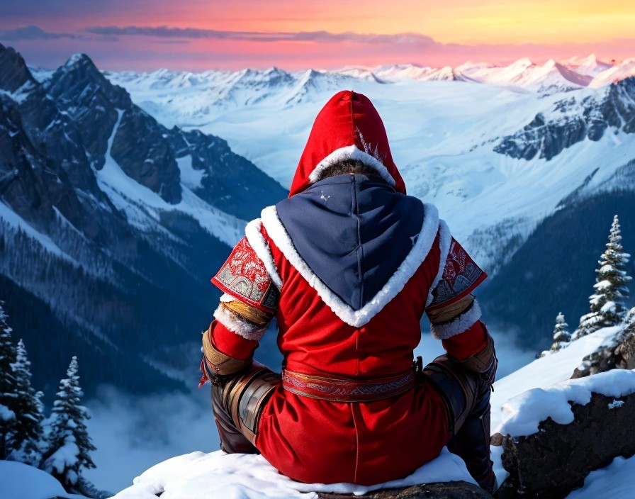 Person in red winter jacket gazes at snow-covered mountains at sunset