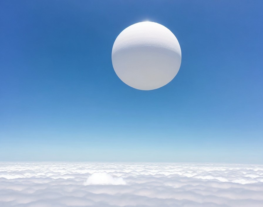 Large white sphere above fluffy clouds in clear blue sky