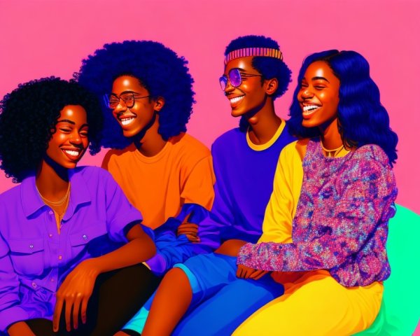 Four friends in vibrant attire laughing against pink backdrop
