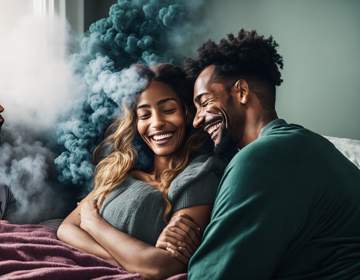 Romantic couple embracing on bed with blue smoke in soft light