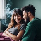 Romantic couple embracing on bed with blue smoke in soft light