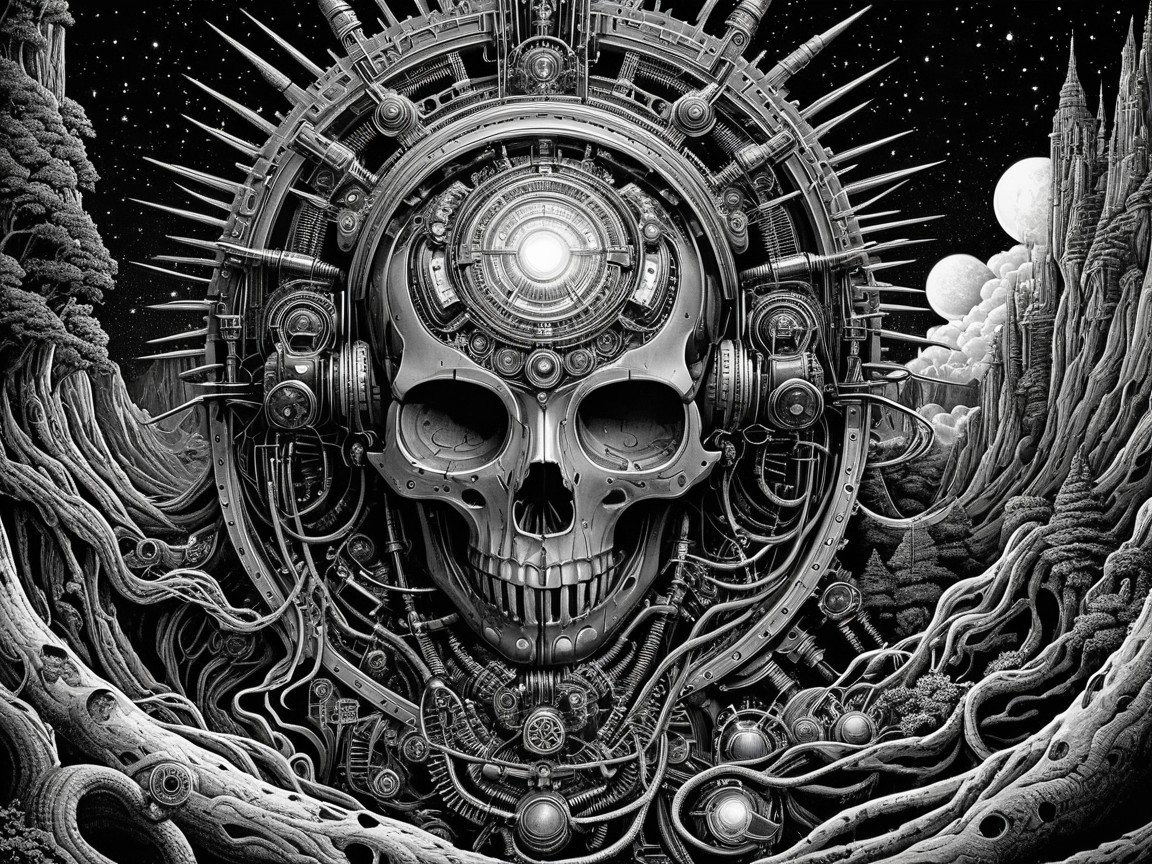 Monochromatic Dark Fantasy Steampunk Mechanical Skull