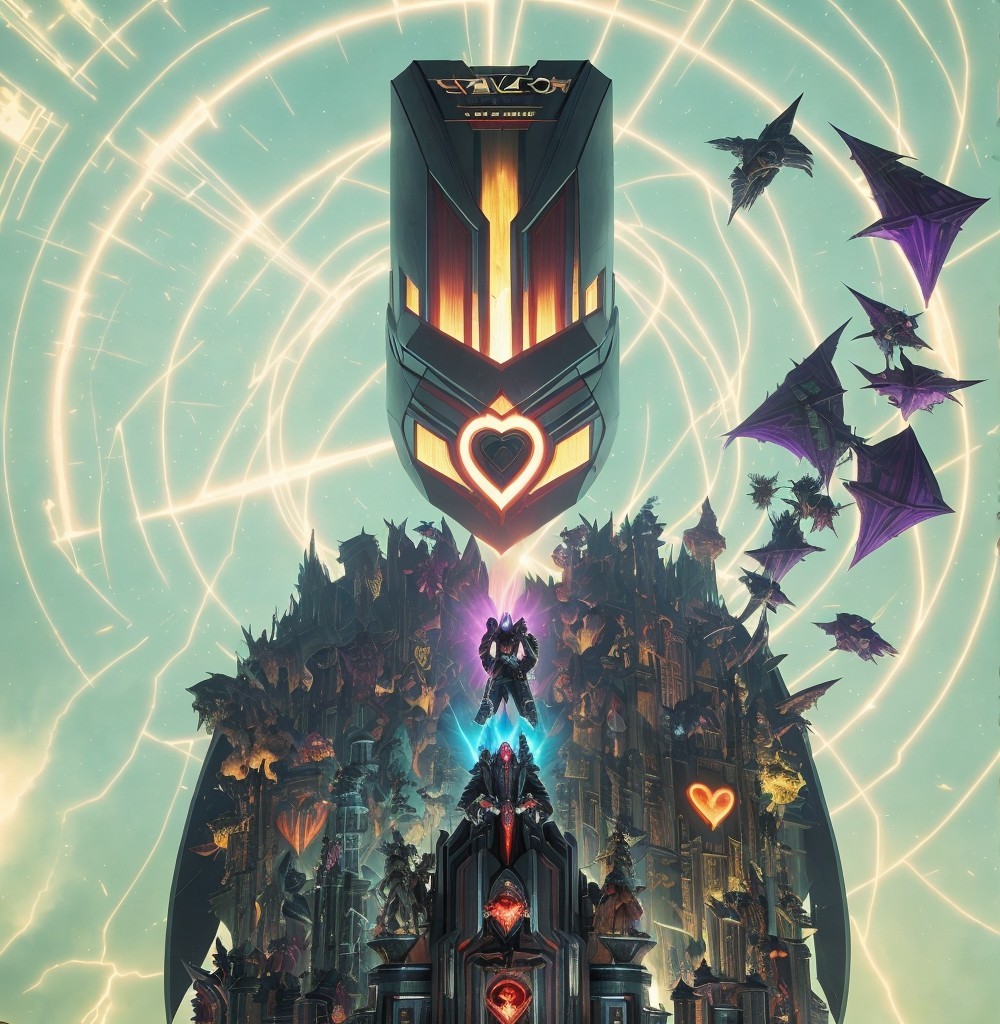 Futuristic scene with towering structure, flying vehicles, figure in armor, and radiant sky.