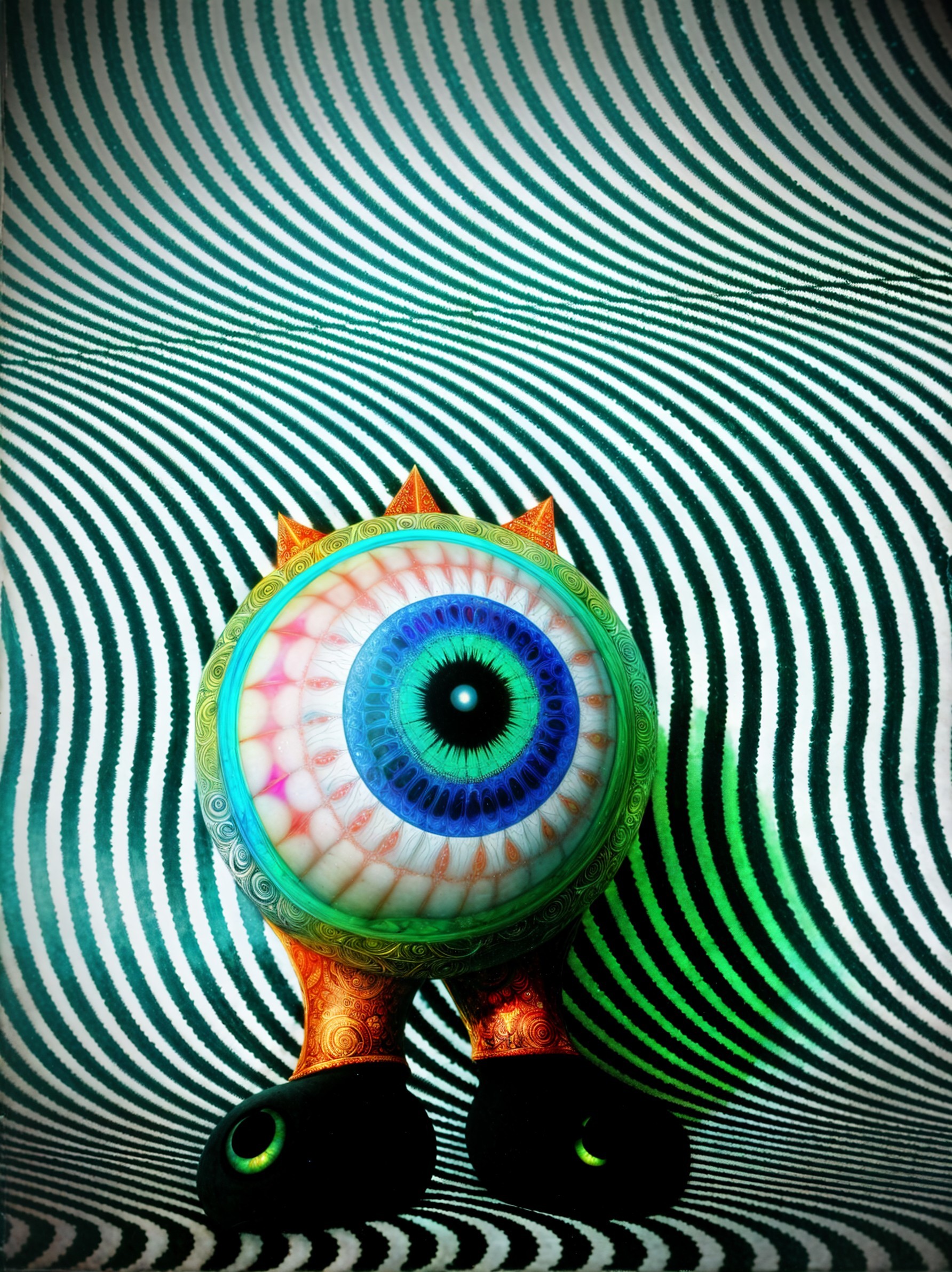 Whimsical Character with Colorful Eye and Stripes