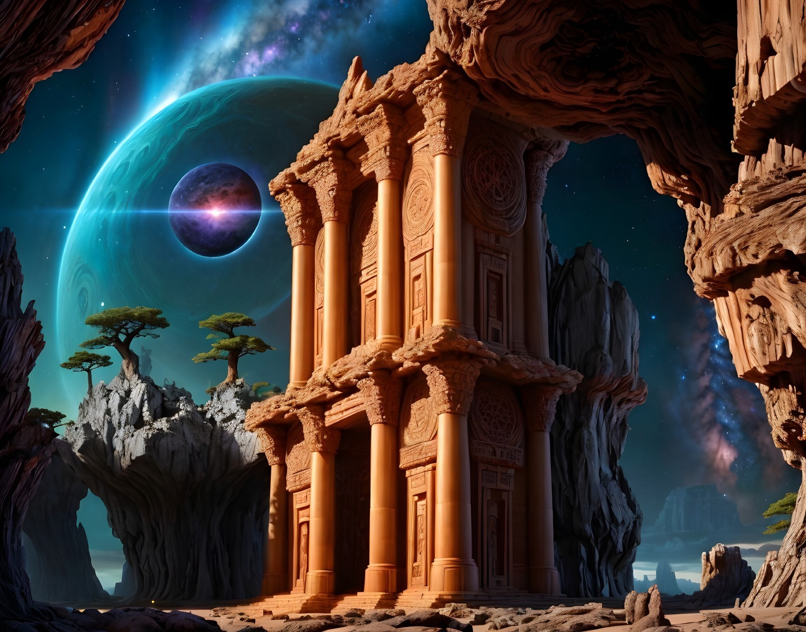 Fantastical Landscape with Ruins and Starry Sky