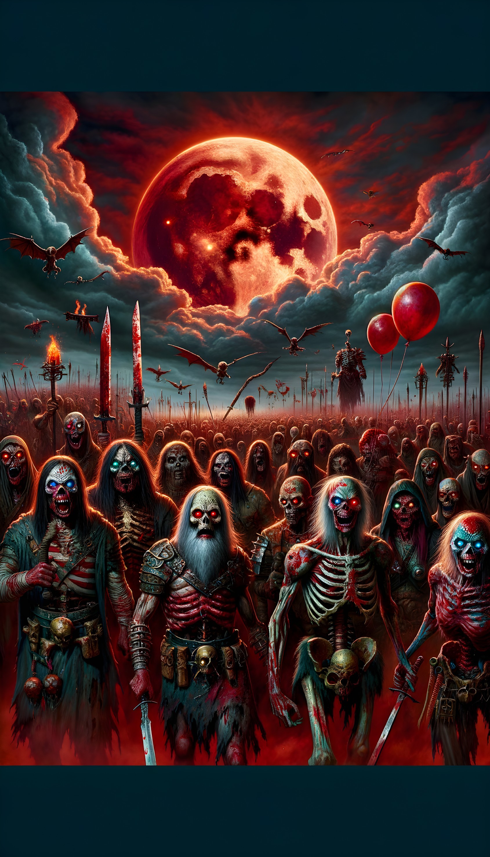 Menacing undead warriors under blood-red moon on desolate battlefield