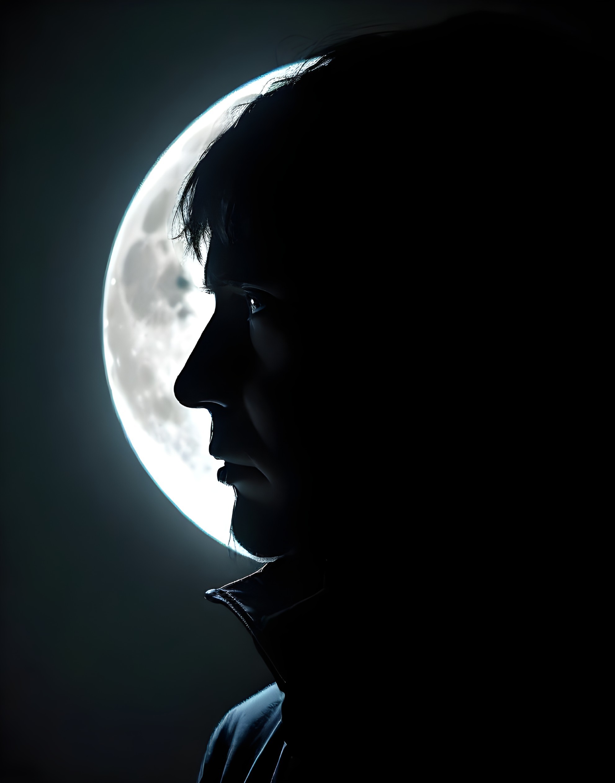 Profile silhouette against full moon in dark sky