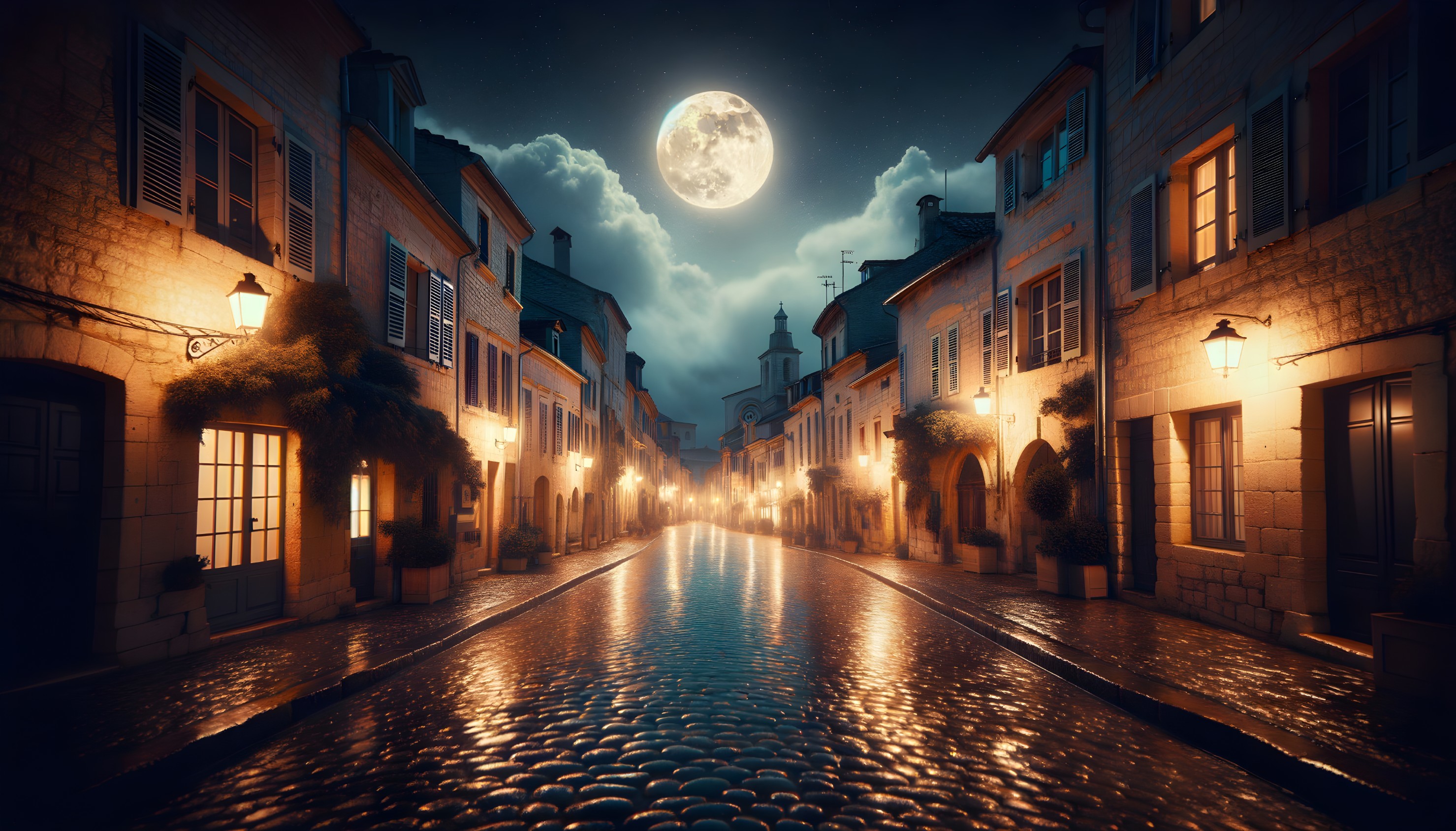 Traditional European cobblestone street at night with glowing street lamps