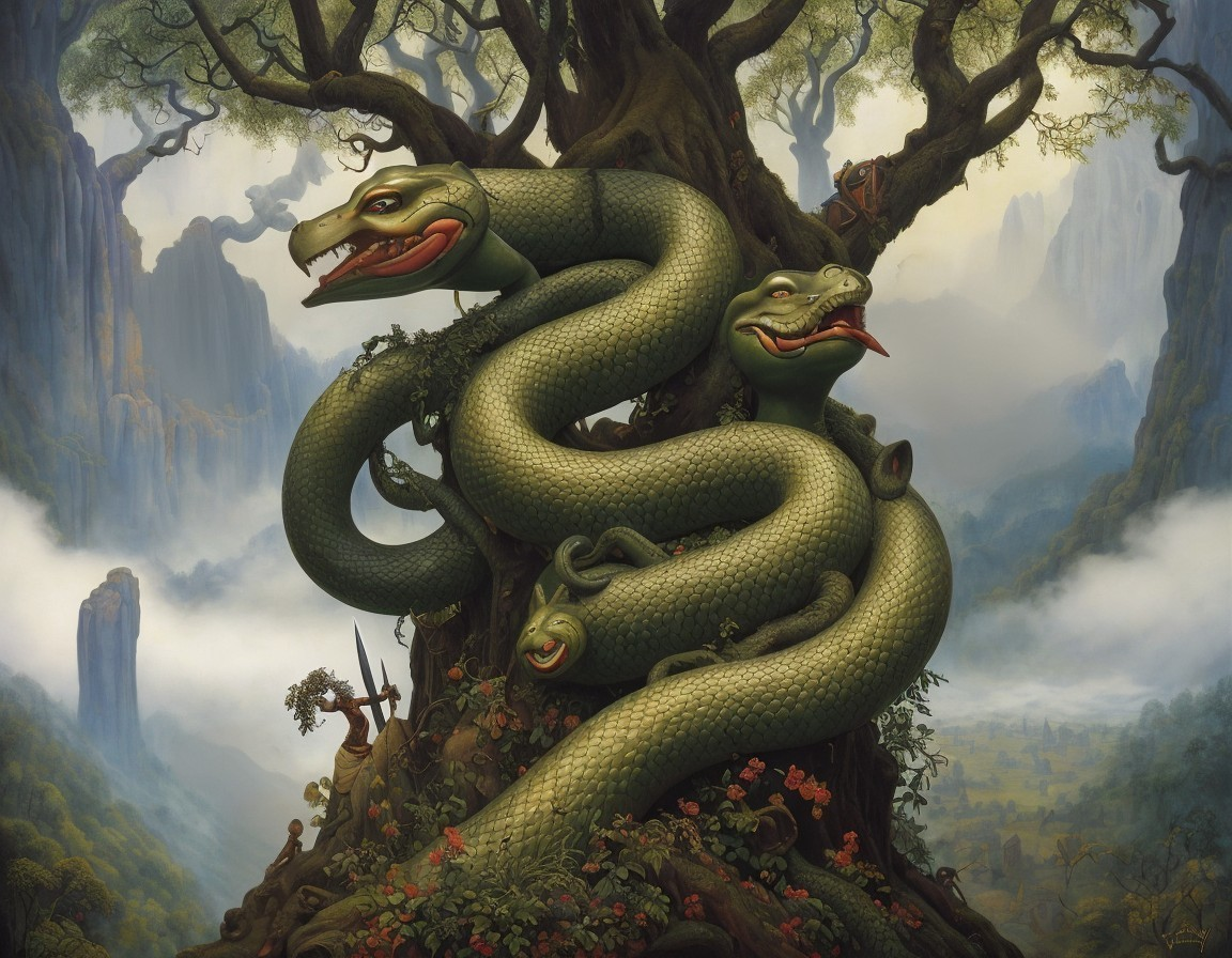 Green snakes with human-like smiles in mystical forest with man observing