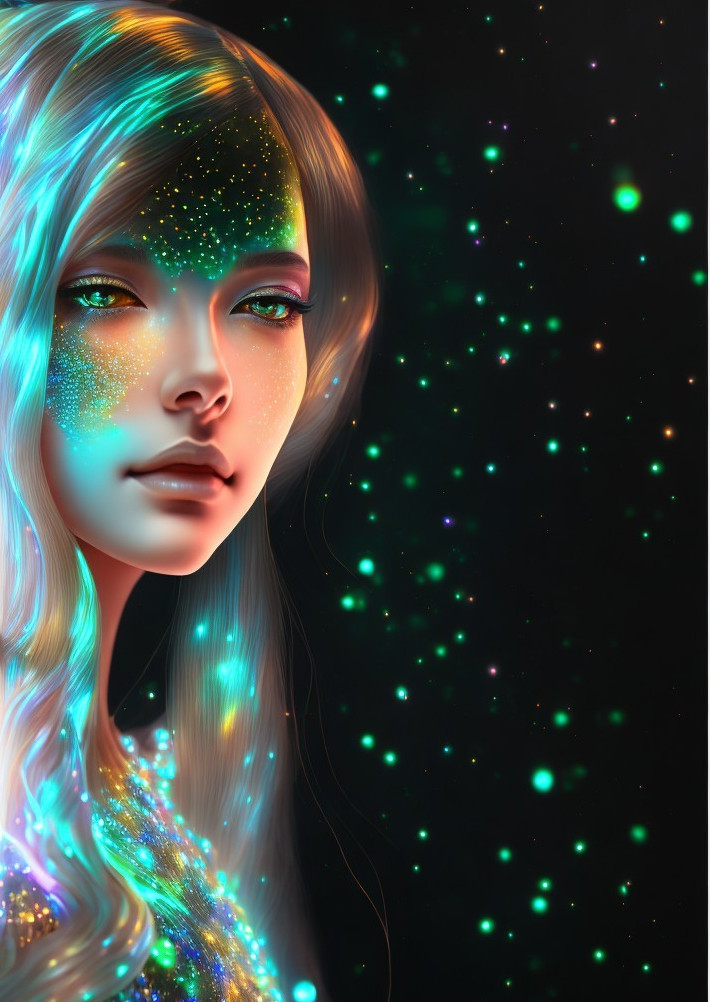 Person with Multicolored Cosmic Patterns in Dark Space with Green Stars