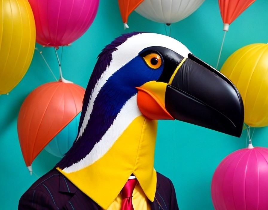 Colorful Toucan Head Mask on Person in Suit with Multicolored Balloons