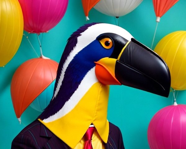 Colorful Toucan Head Mask on Person in Suit with Multicolored Balloons