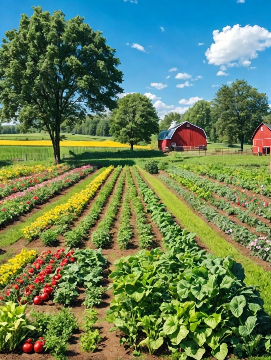 Colorful Vegetable Garden Surrounded by Red Barns and Green Trees