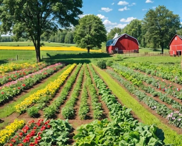 Colorful Vegetable Garden Surrounded by Red Barns and Green Trees