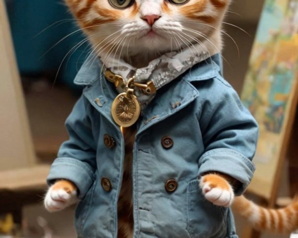 Fluffy kitten in oversized coat and boots surrounded by painting supplies