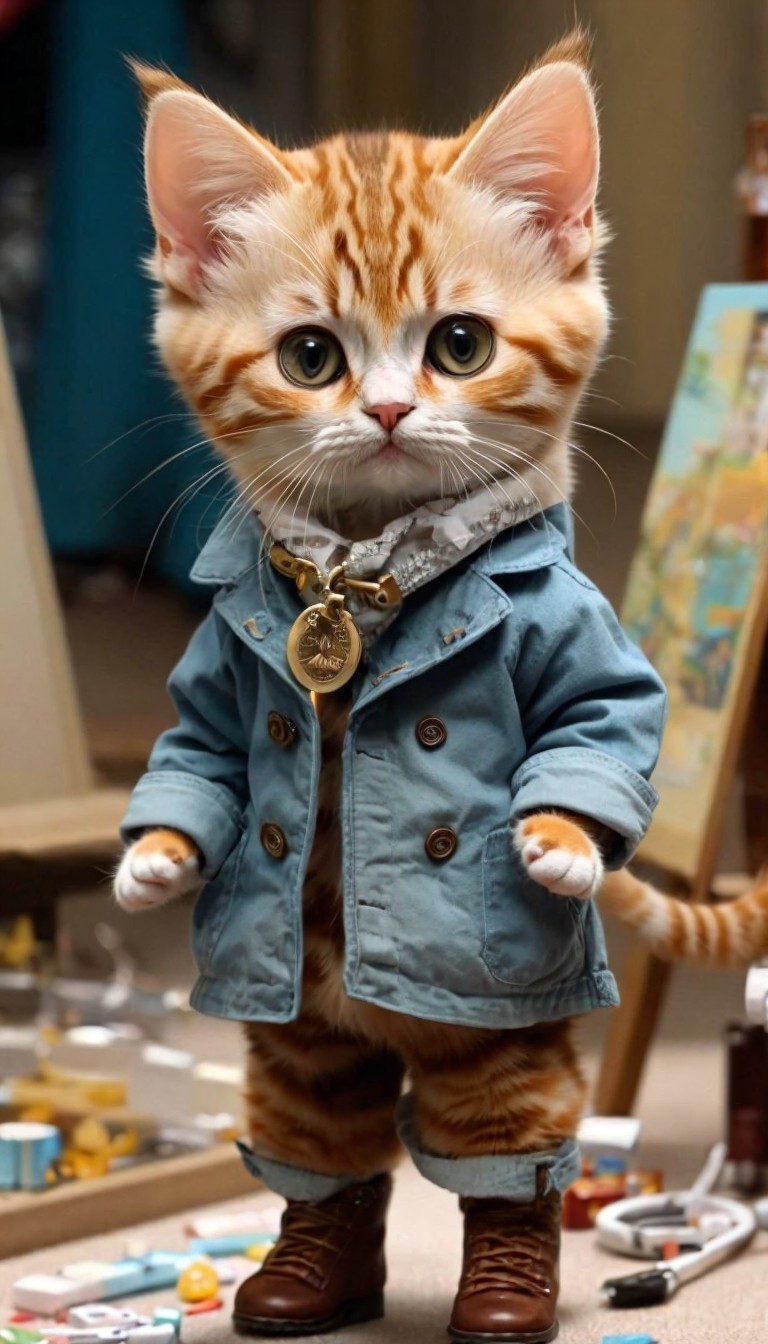 Fluffy kitten in oversized coat and boots surrounded by painting supplies