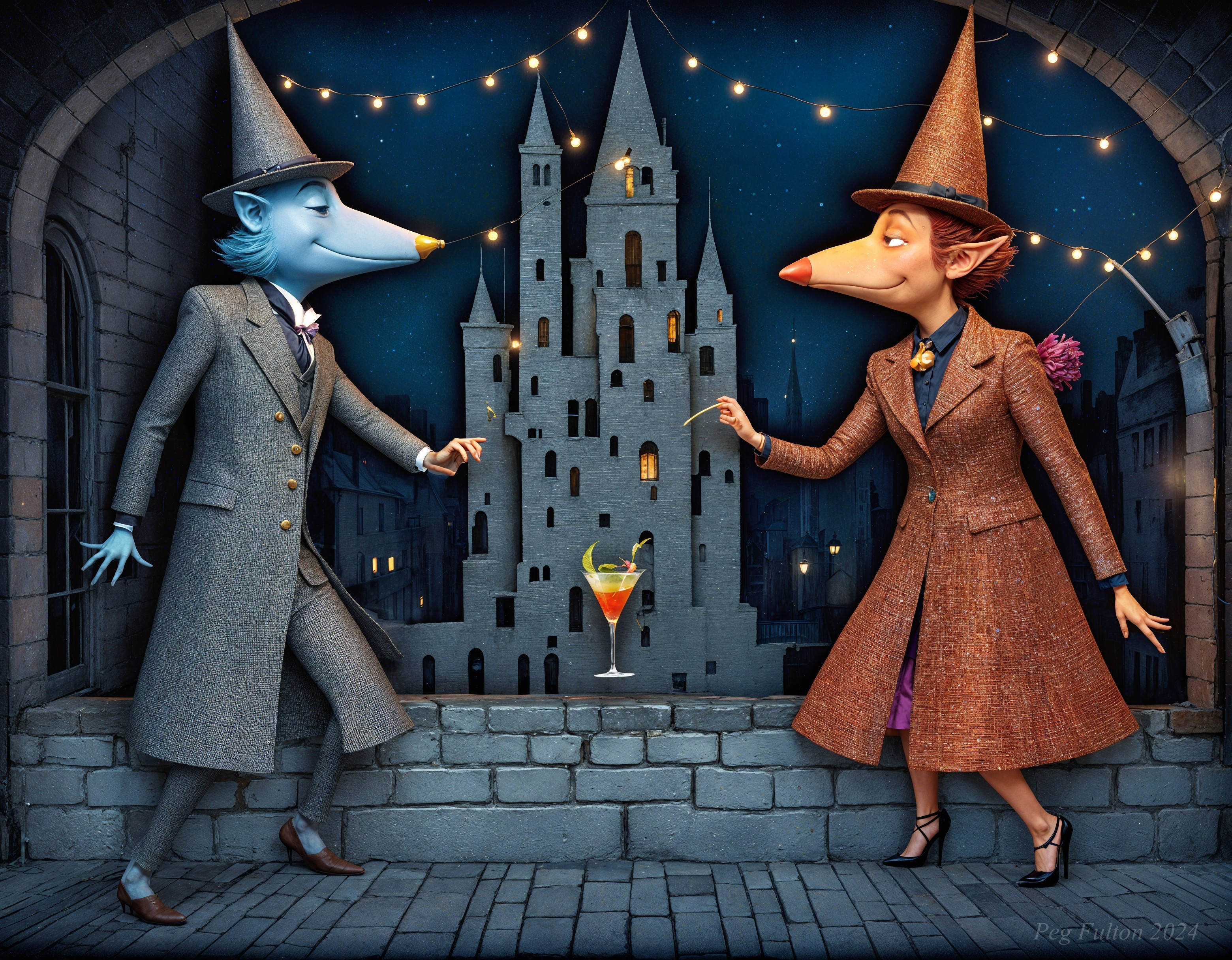 Whimsical Characters on Balcony with Castle View