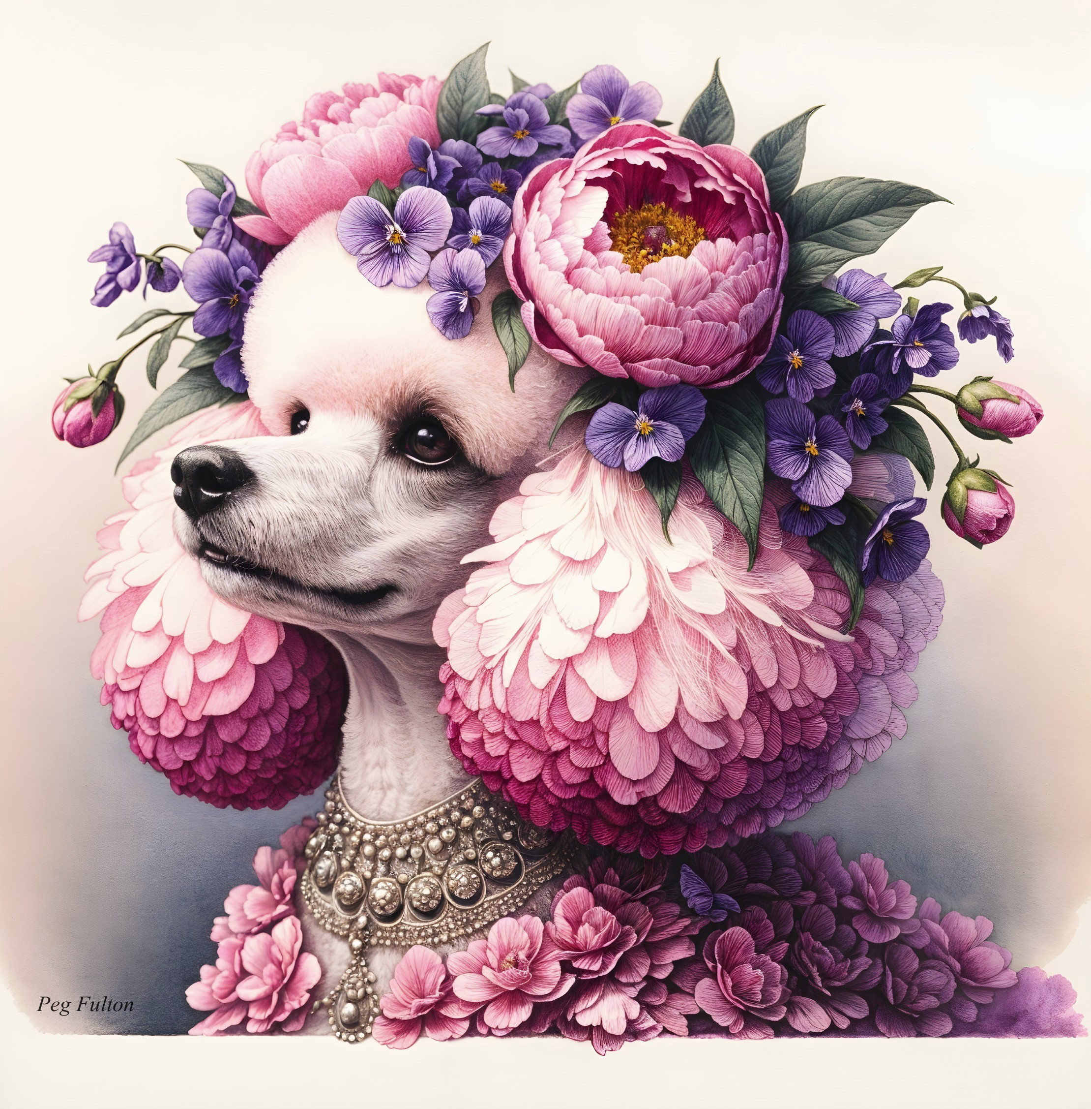 Illustration of a poodle with floral headdress and pearls