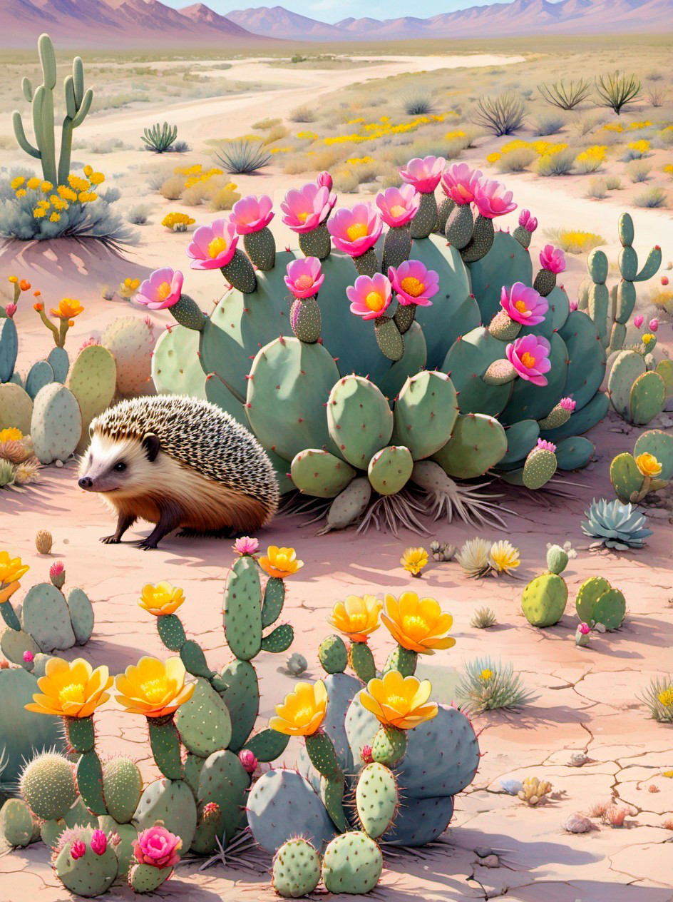 Whimsical Desert Scene with Hedgehog and Vibrant Cacti