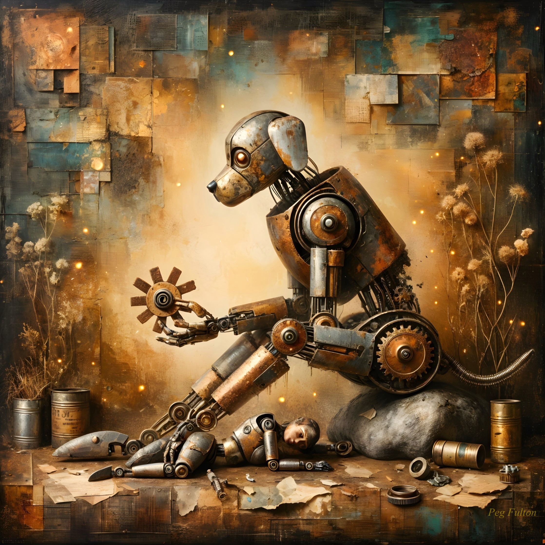 Intricate Robot Dog and Child Figure in Steampunk Scene