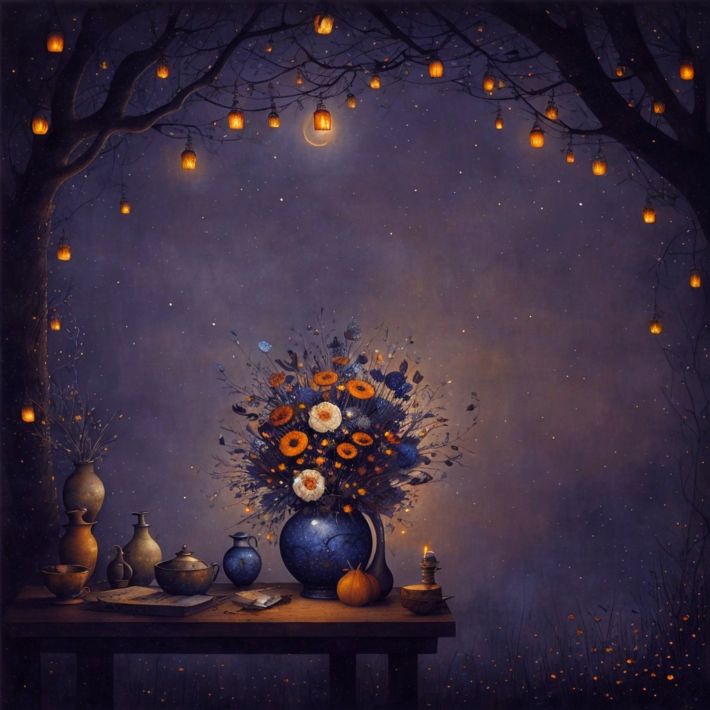 Enchanting floral bouquet under tree with glowing lanterns at twilight