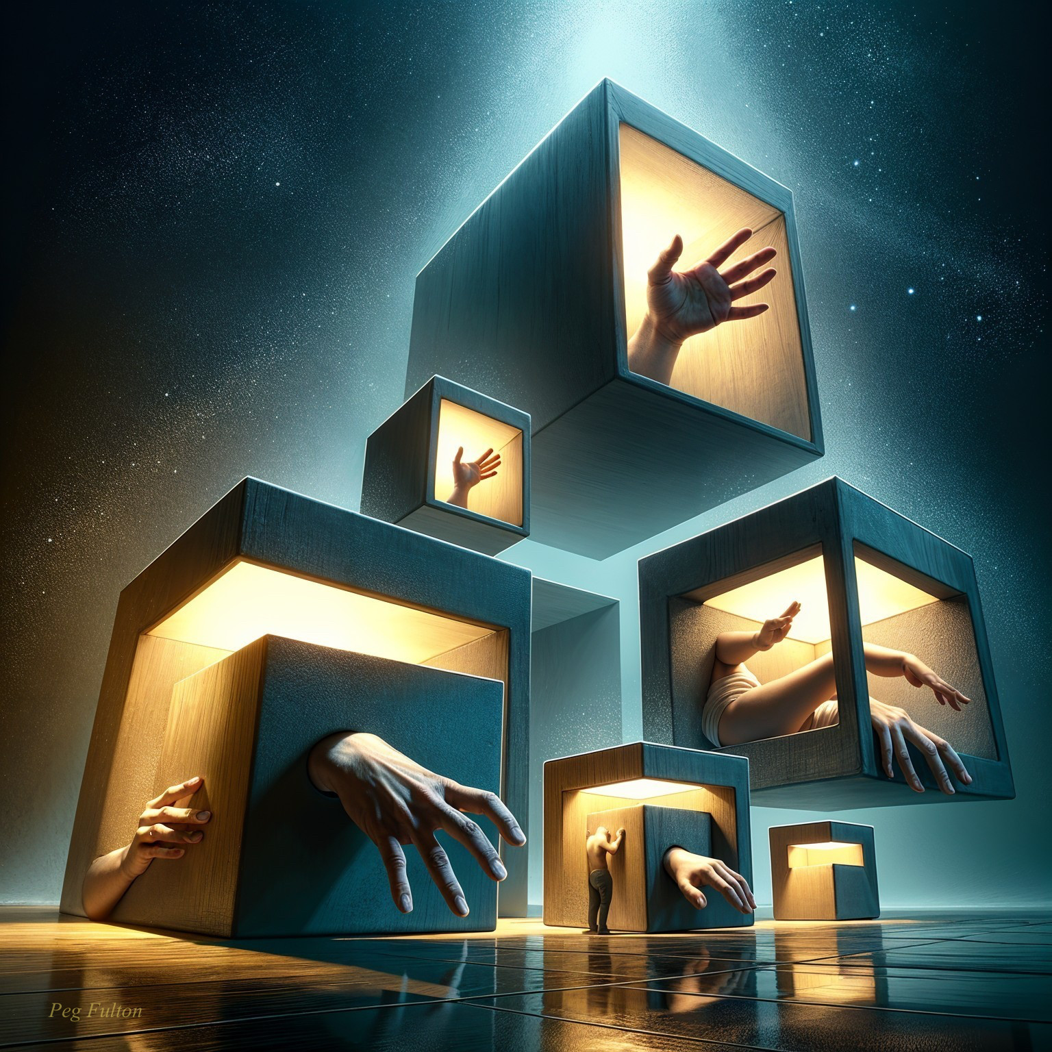 Surreal Composition of Glowing Cubes and Figures