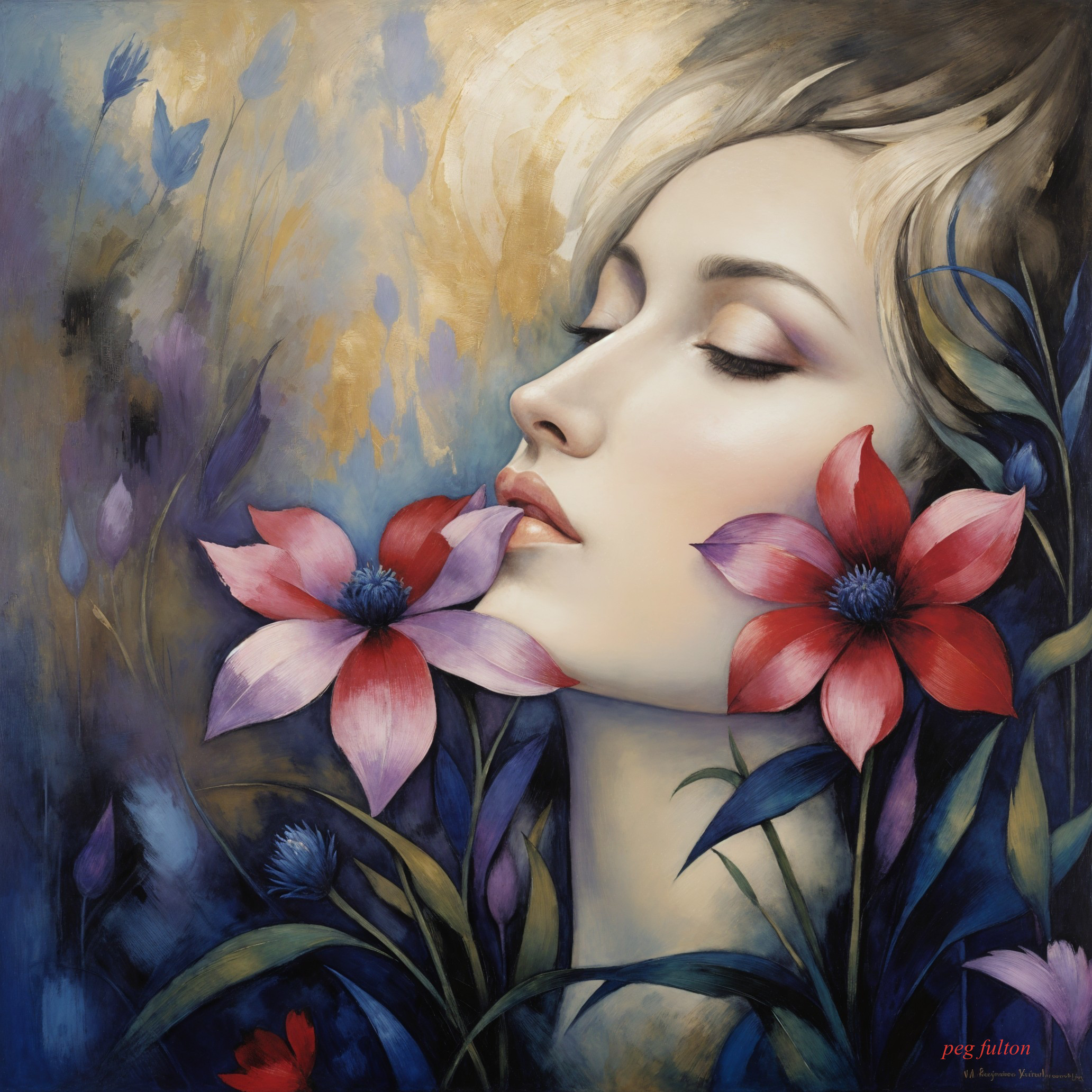 Serene Woman Surrounded by Vibrant Flowers in Art