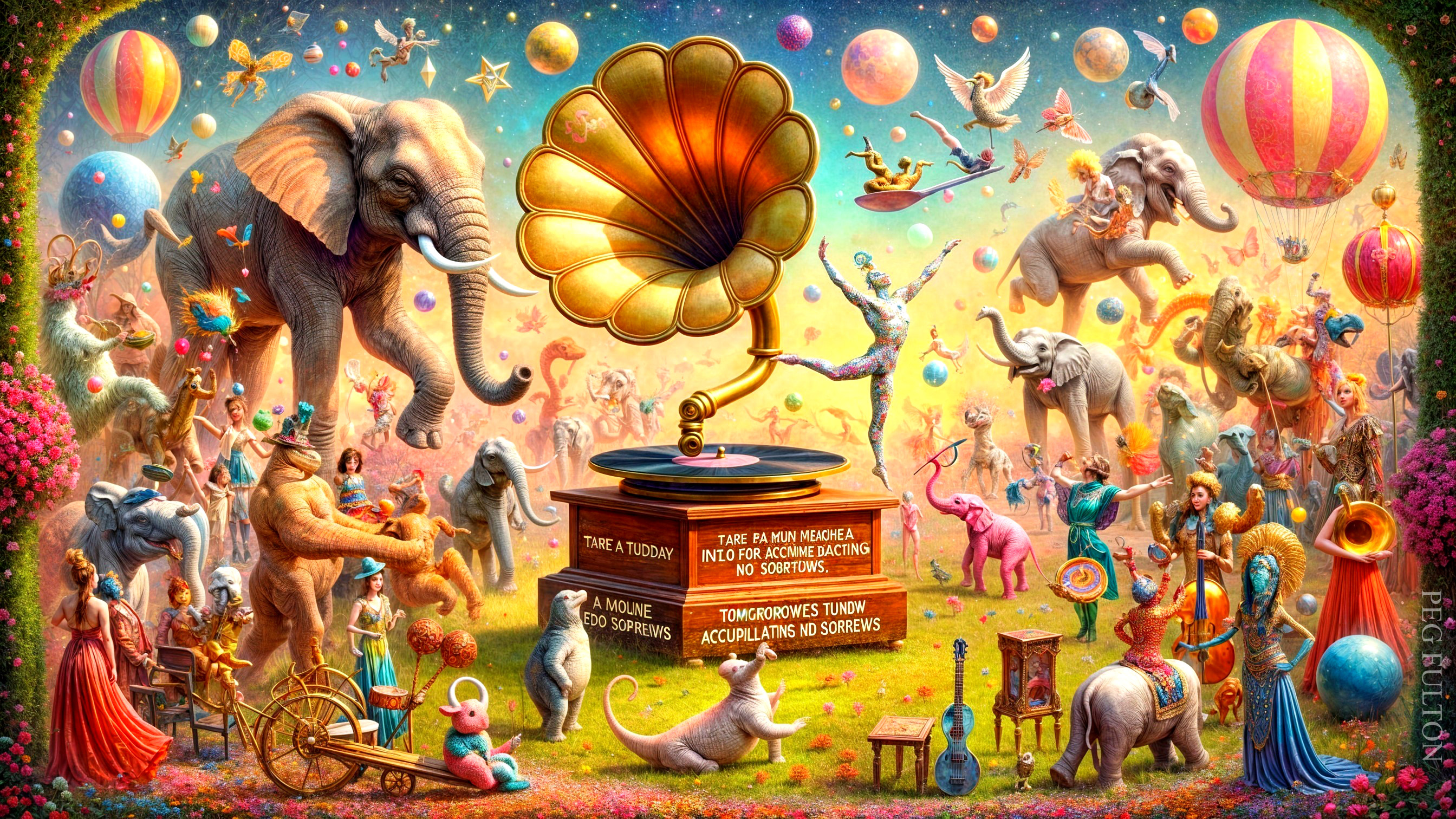 Whimsical Colorful Scene with Dancing Animals and Music