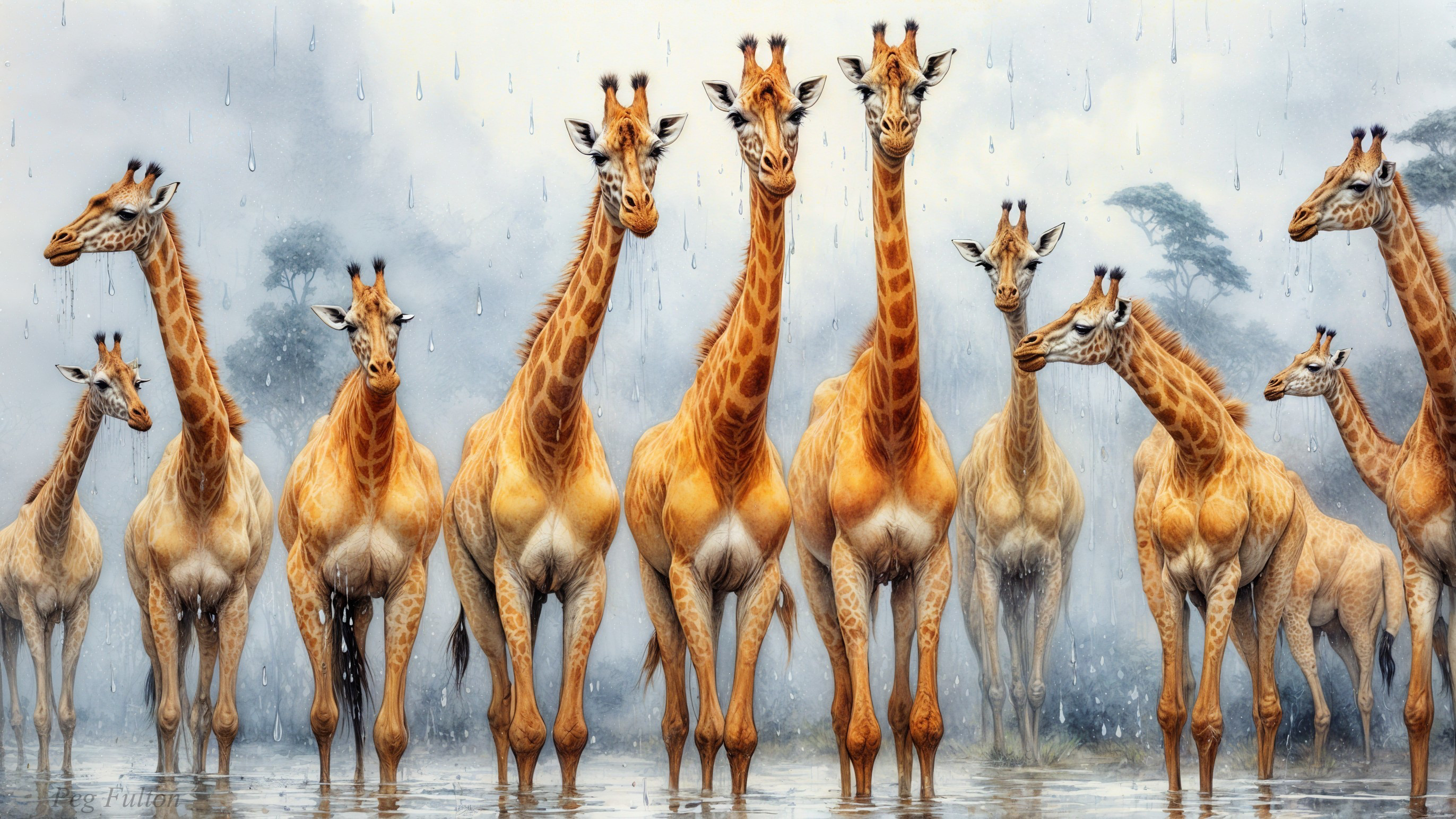 Giraffes in a Misty Environment with Soft Rain