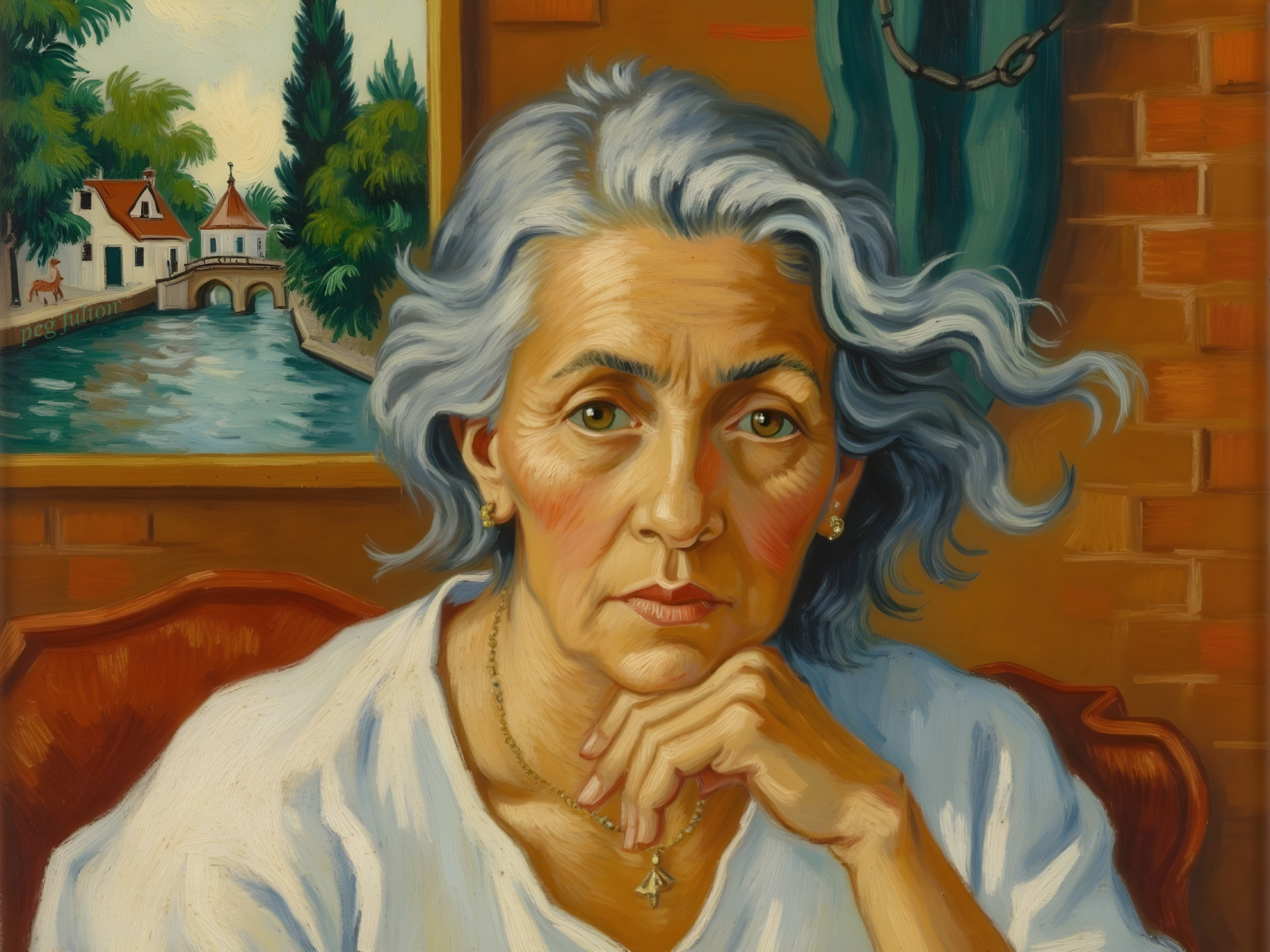 Contemplative Woman with Gray Hair in Serene Setting