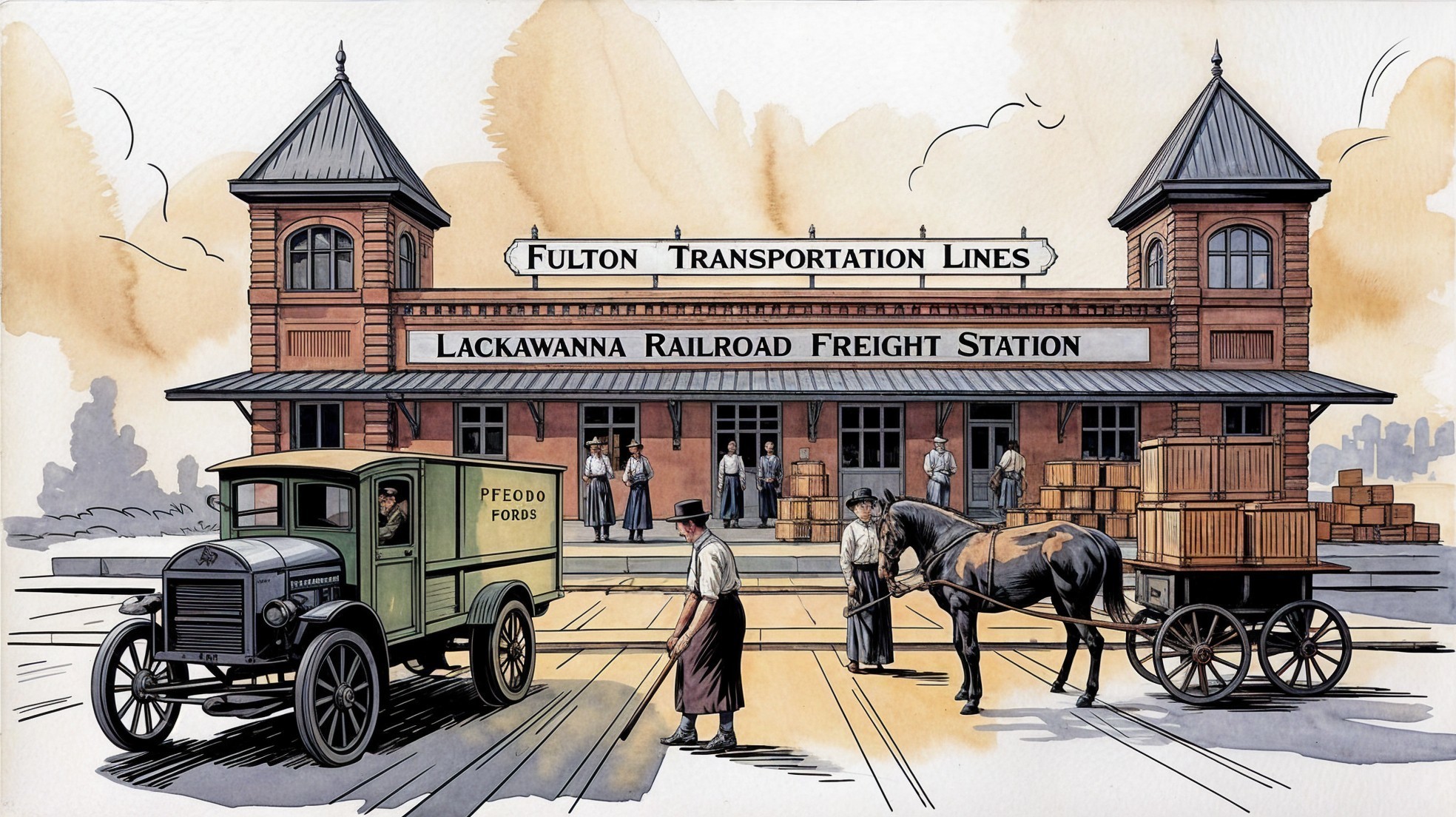 Lackawanna Railroad Freight Station with Vintage Vehicles