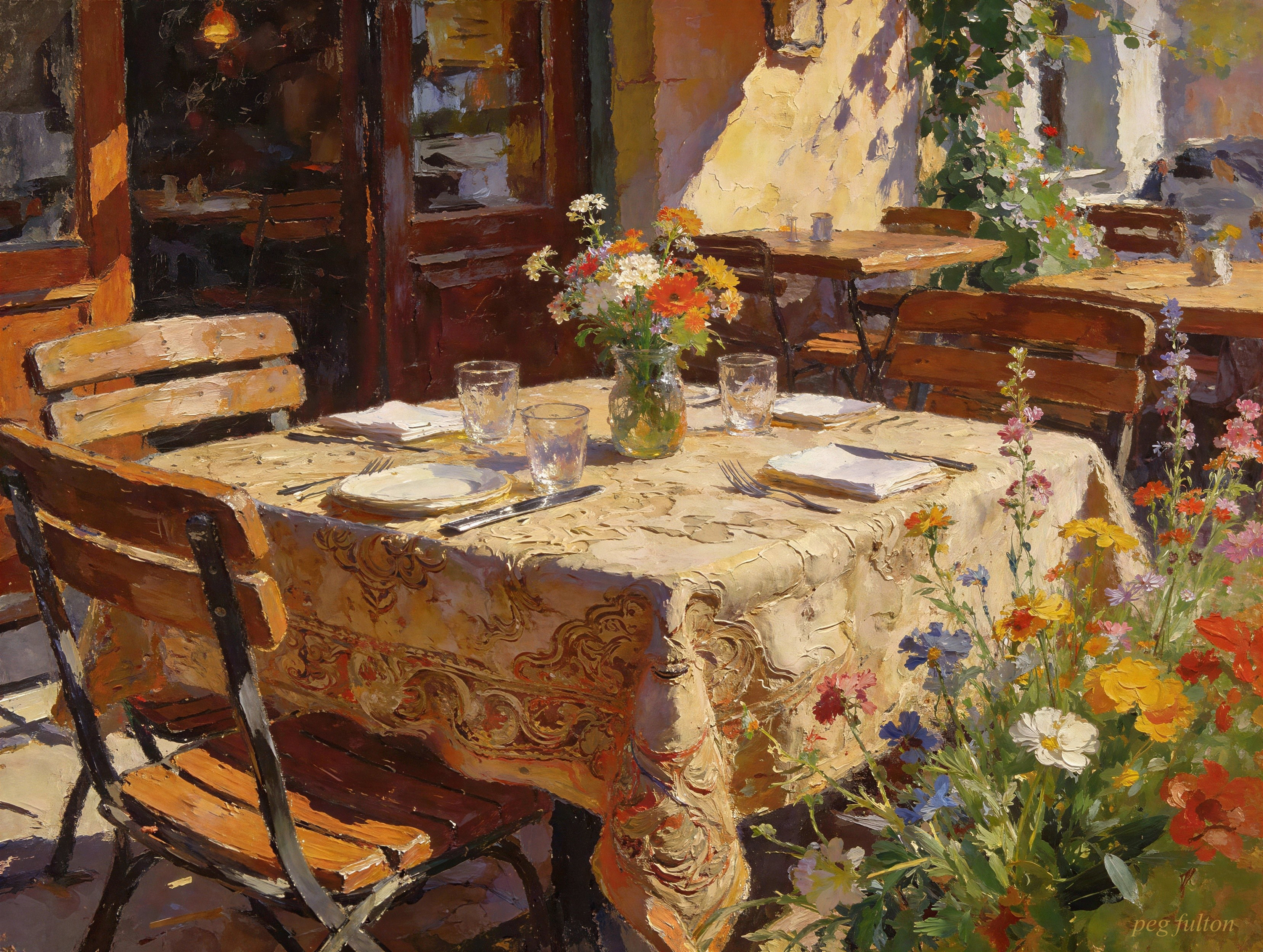 Impressionistic Oil Painting of Outdoor Cafe Scene