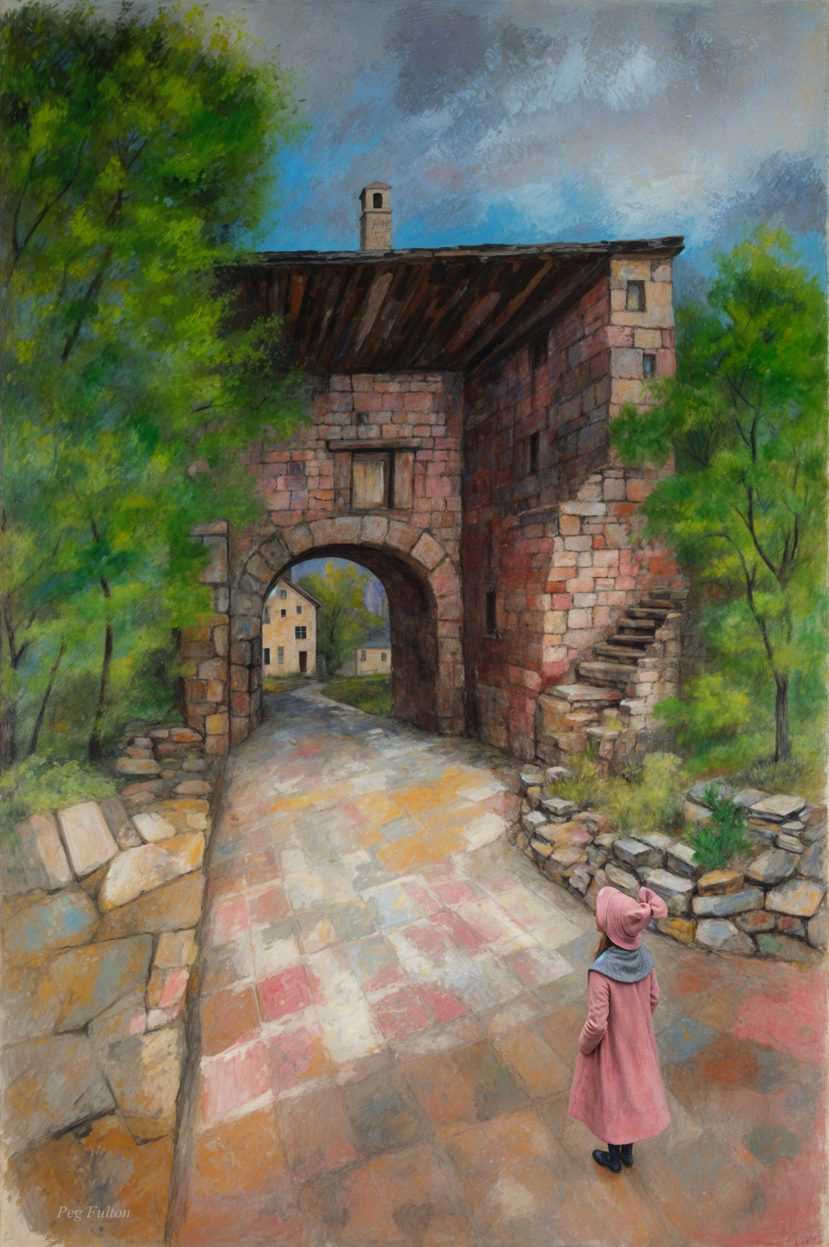 Girl in Pink Coat at Stone Archway Entrance