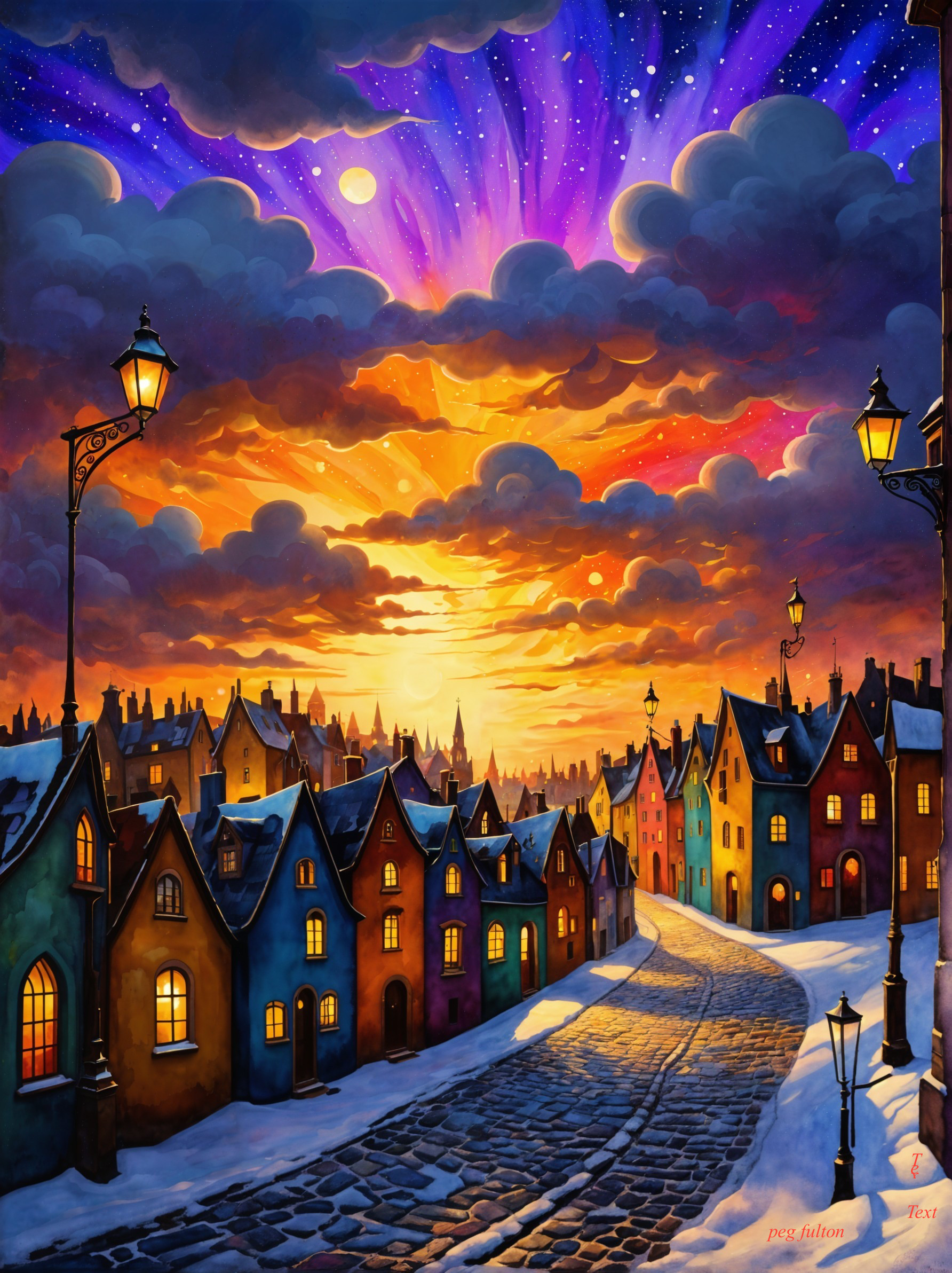 Winter Village at Sunset with Colorful Houses and Snow