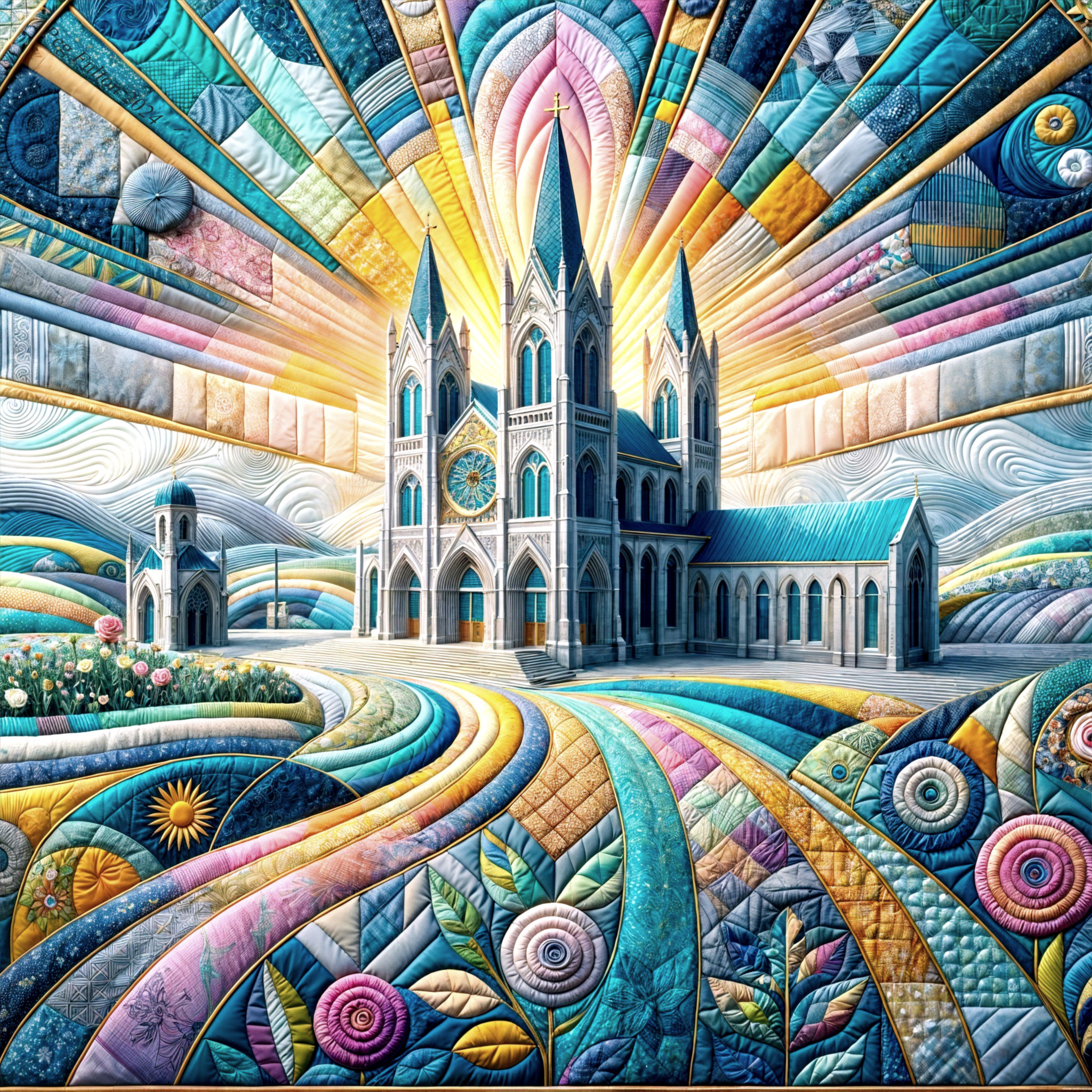 Surreal Cathedral Landscape with Colorful Hills and Light