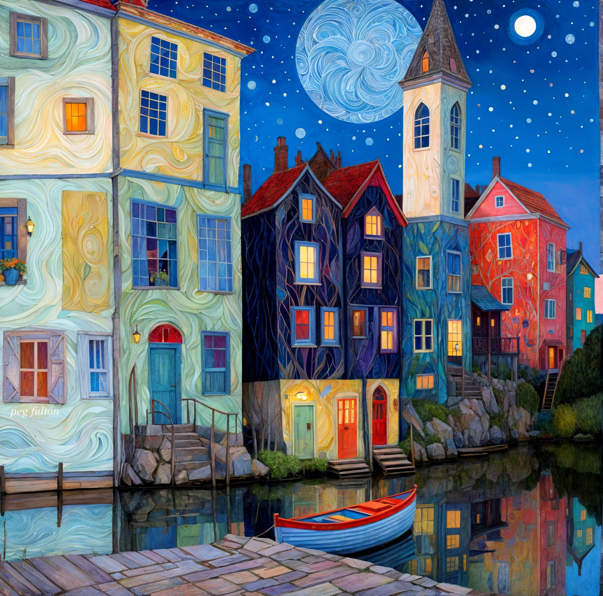 Whimsical Waterfront Village at Night with Moonlight