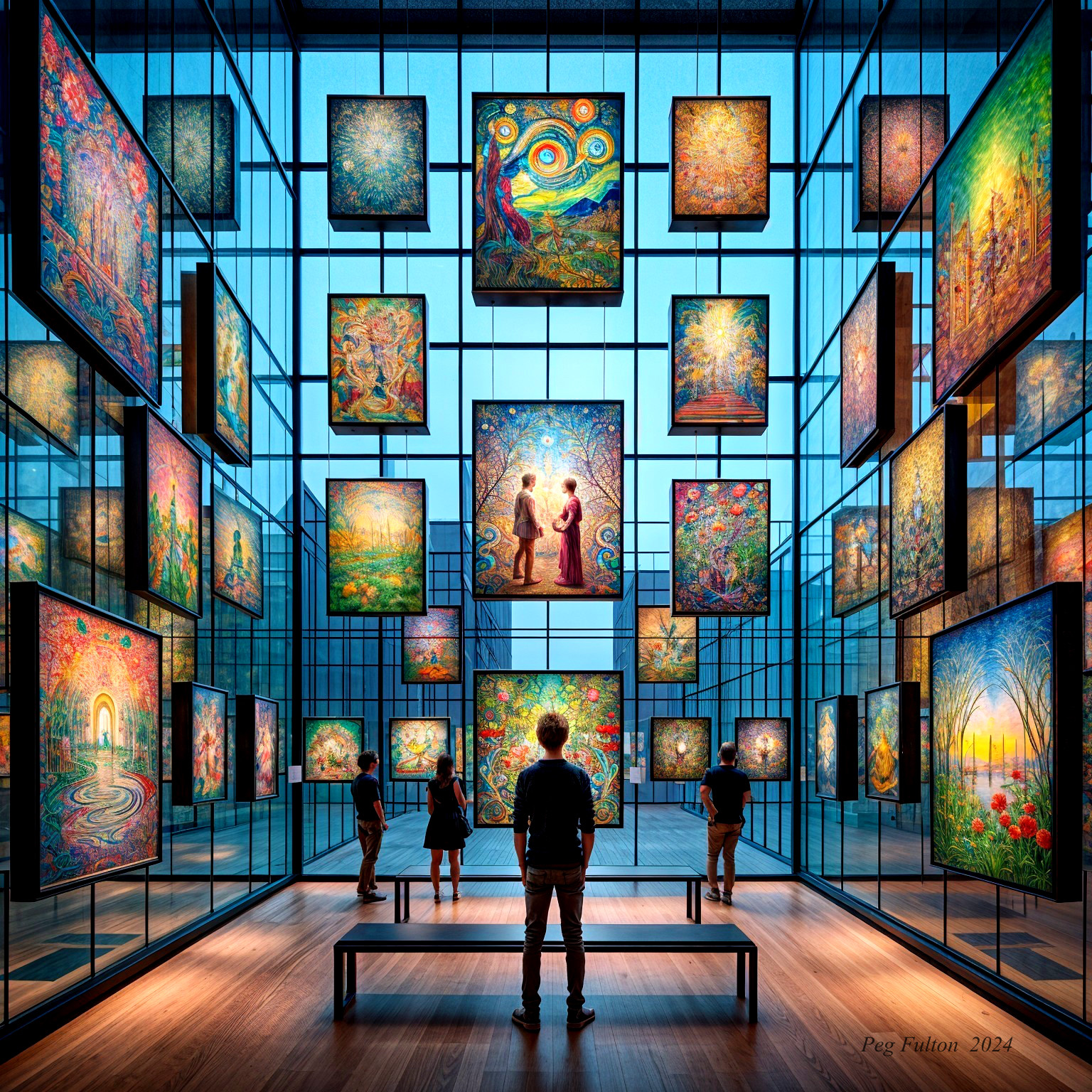 Vibrant Art Gallery with Colorful Nature-Inspired Paintings