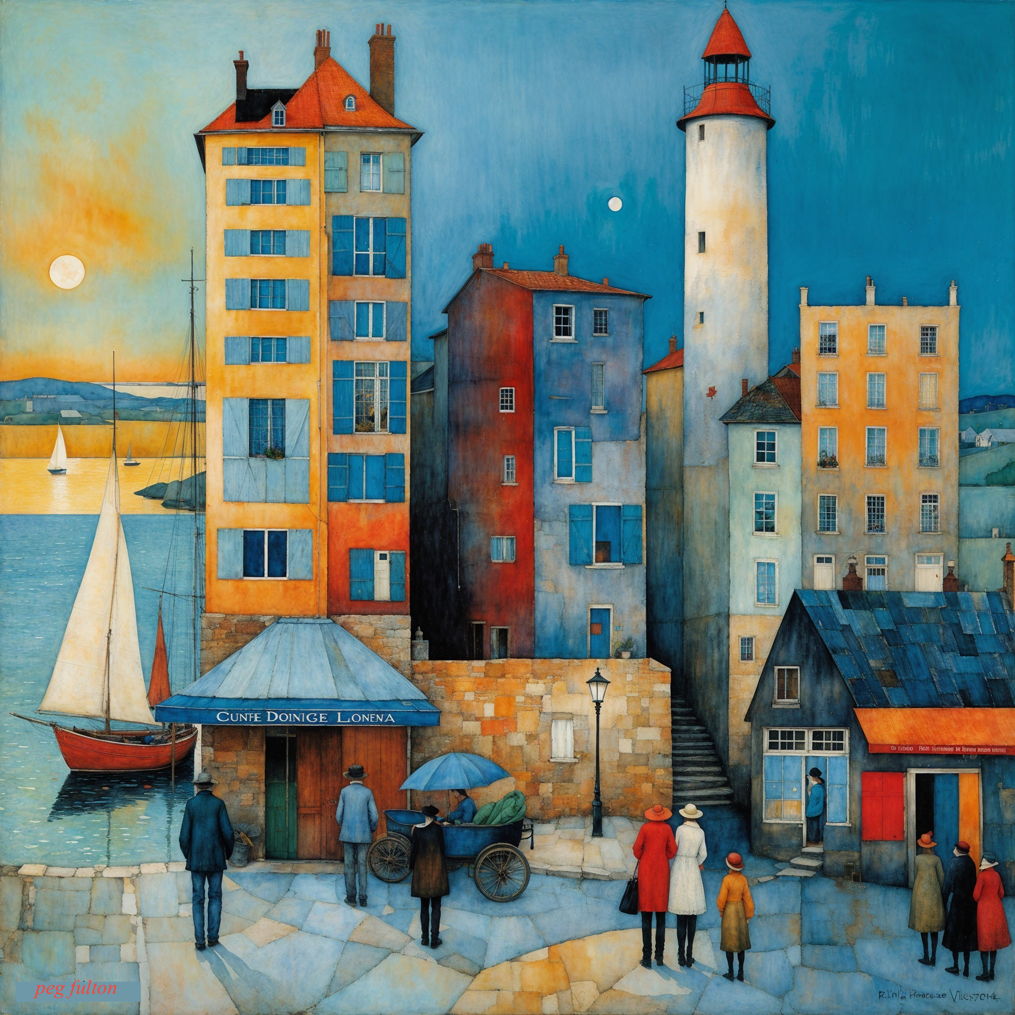 Vibrant Painting of a Seaside Town at Dusk