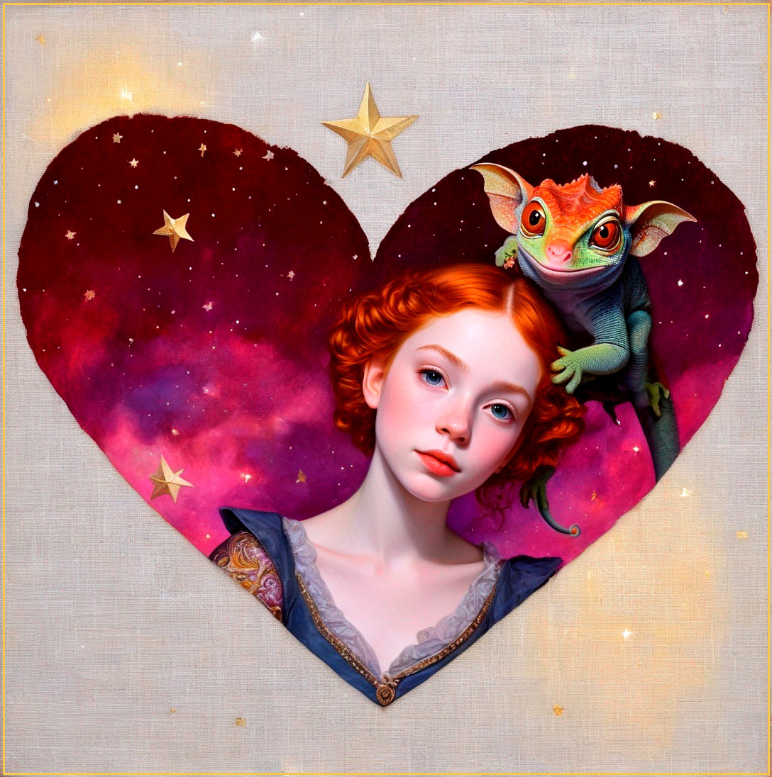 Illustration of red-haired girl with green lizard in cosmic heart