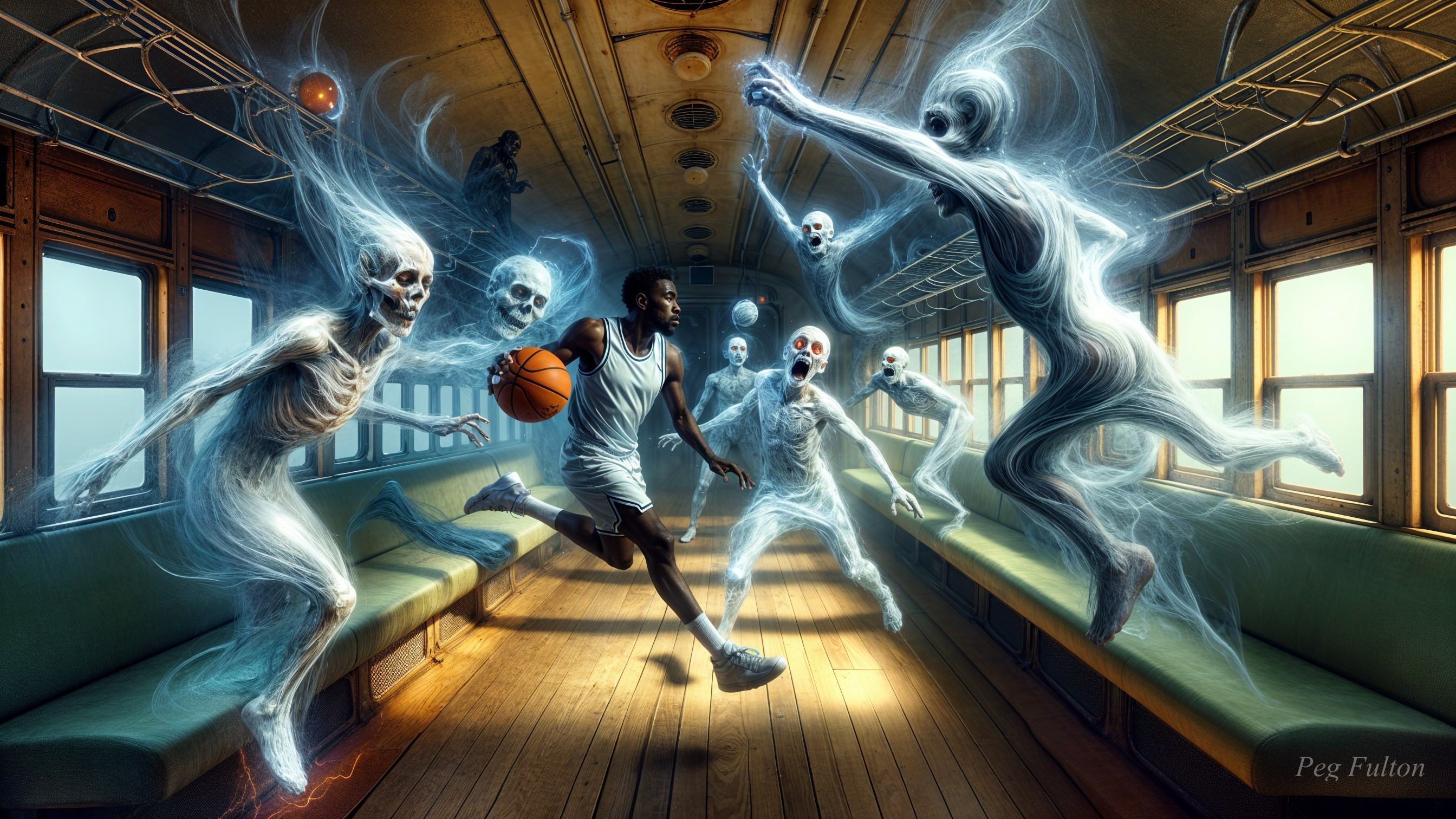 Young Basketball Player in Abandoned Train with Spirits